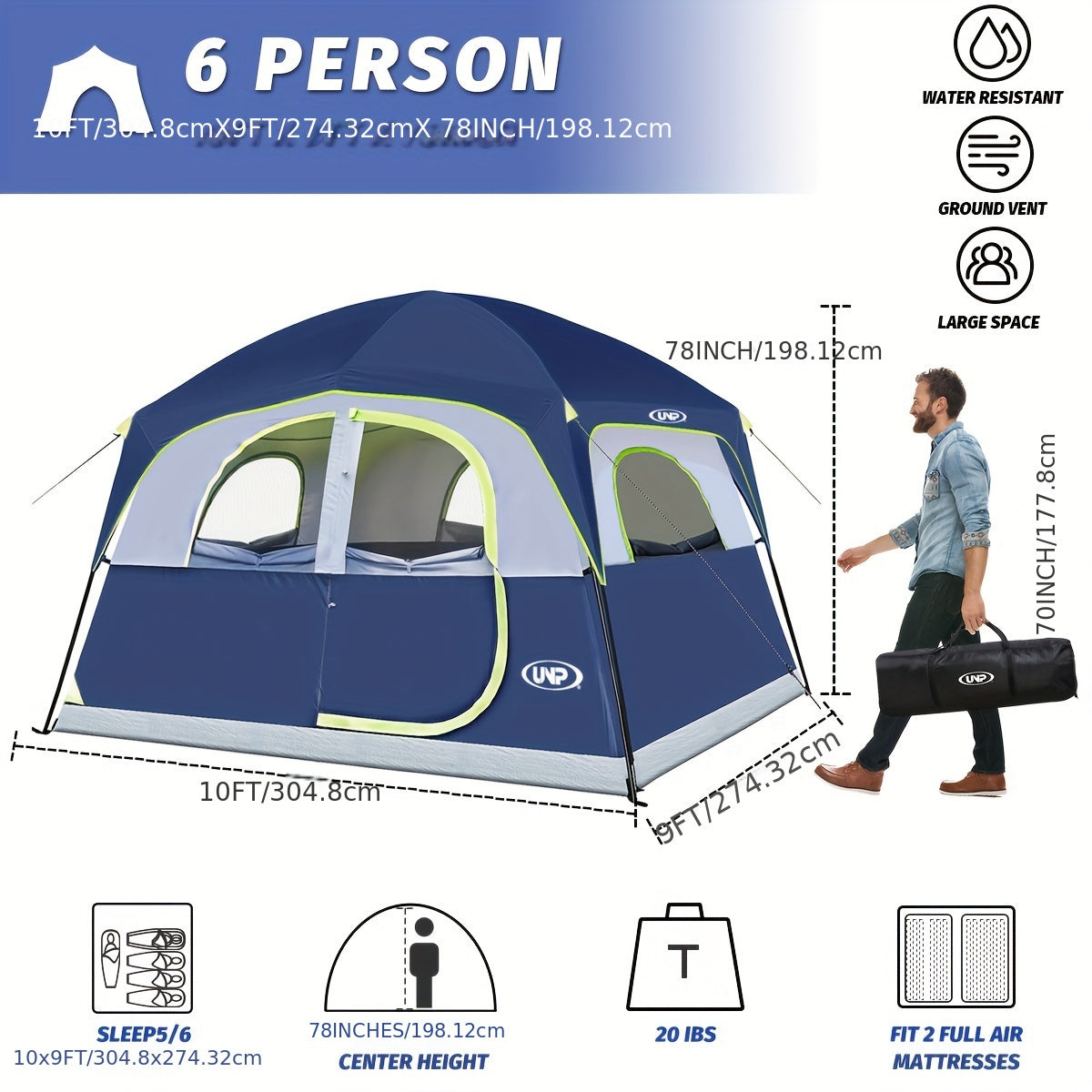 [6 Person Family Tent Windproof Easy Setup, Double Layer