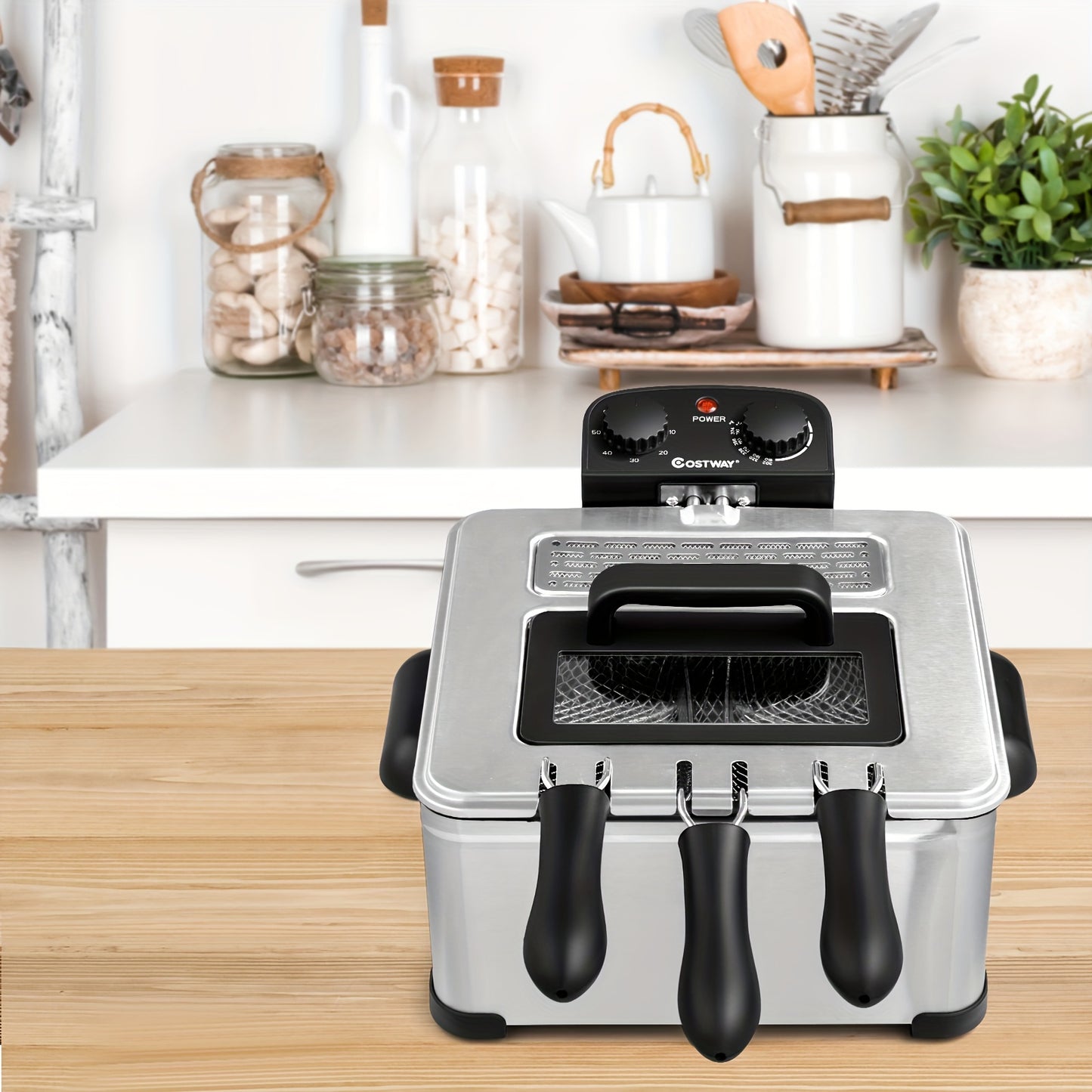Stainless Steel Electric Deep Fryer - 5.3QT/21-Cup Triple Basket