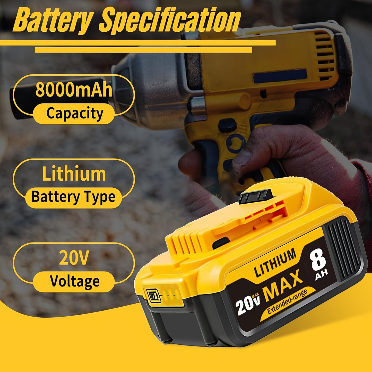 1/2/4pcs 8.0Ah 20V Lithium Ion Battery Replacement For Dewalt 20v Battery Compatible With Dewalt 20V Battery DCB206 DCB204 DCB200 DCB180 Series