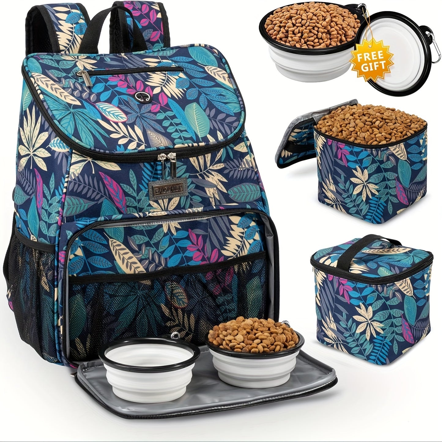 Pet Travel Bag, Double-Layer Backpack Pet With 2 Silicone Collapsible Bowls And 2 Food Baskets