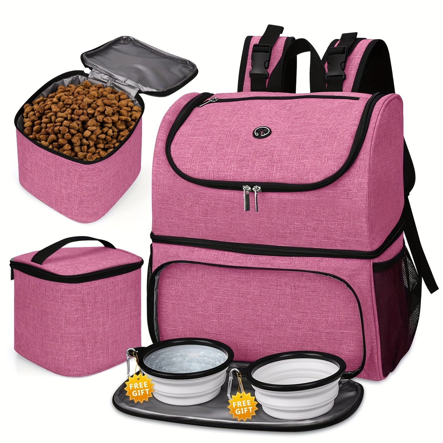 Pet Travel Bag, Double-Layer Backpack Pet With 2 Silicone Collapsible Bowls And 2 Food Baskets
