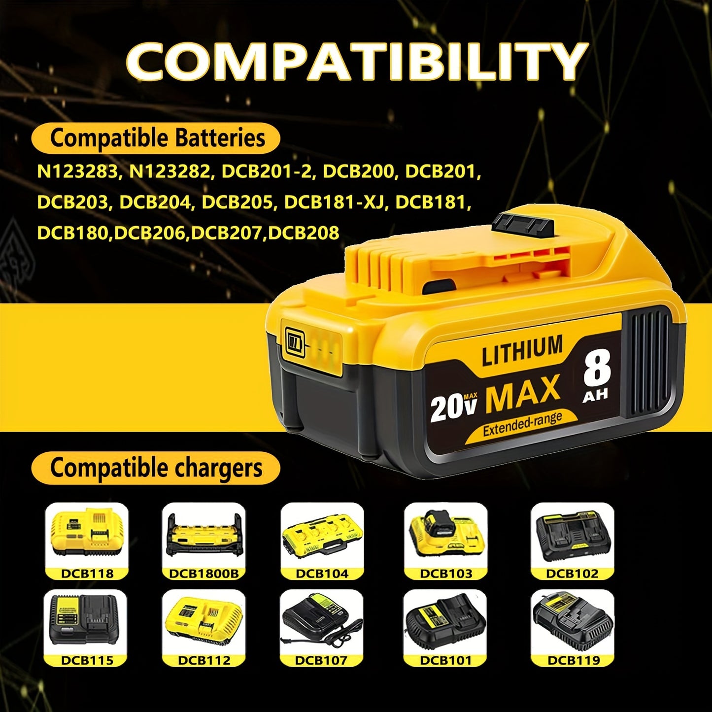 1/2/4pcs 8.0Ah 20V Lithium Ion Battery Replacement For Dewalt 20v Battery Compatible With Dewalt 20V Battery DCB206 DCB204 DCB200 DCB180 Series