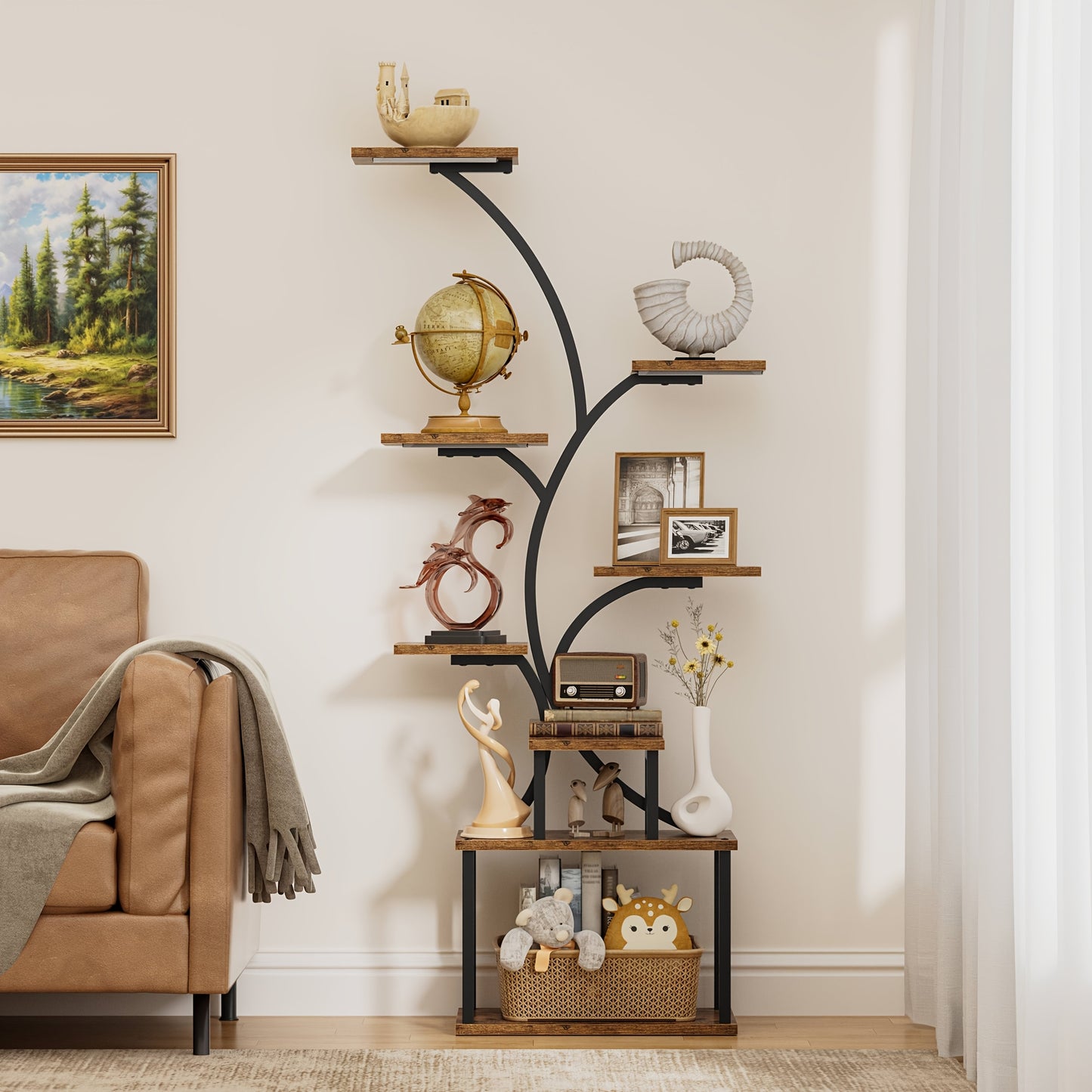 8 Tier Corner Shelf 6'2' tall oak and Metal Material LED Light, Multifunctional Storage Rack