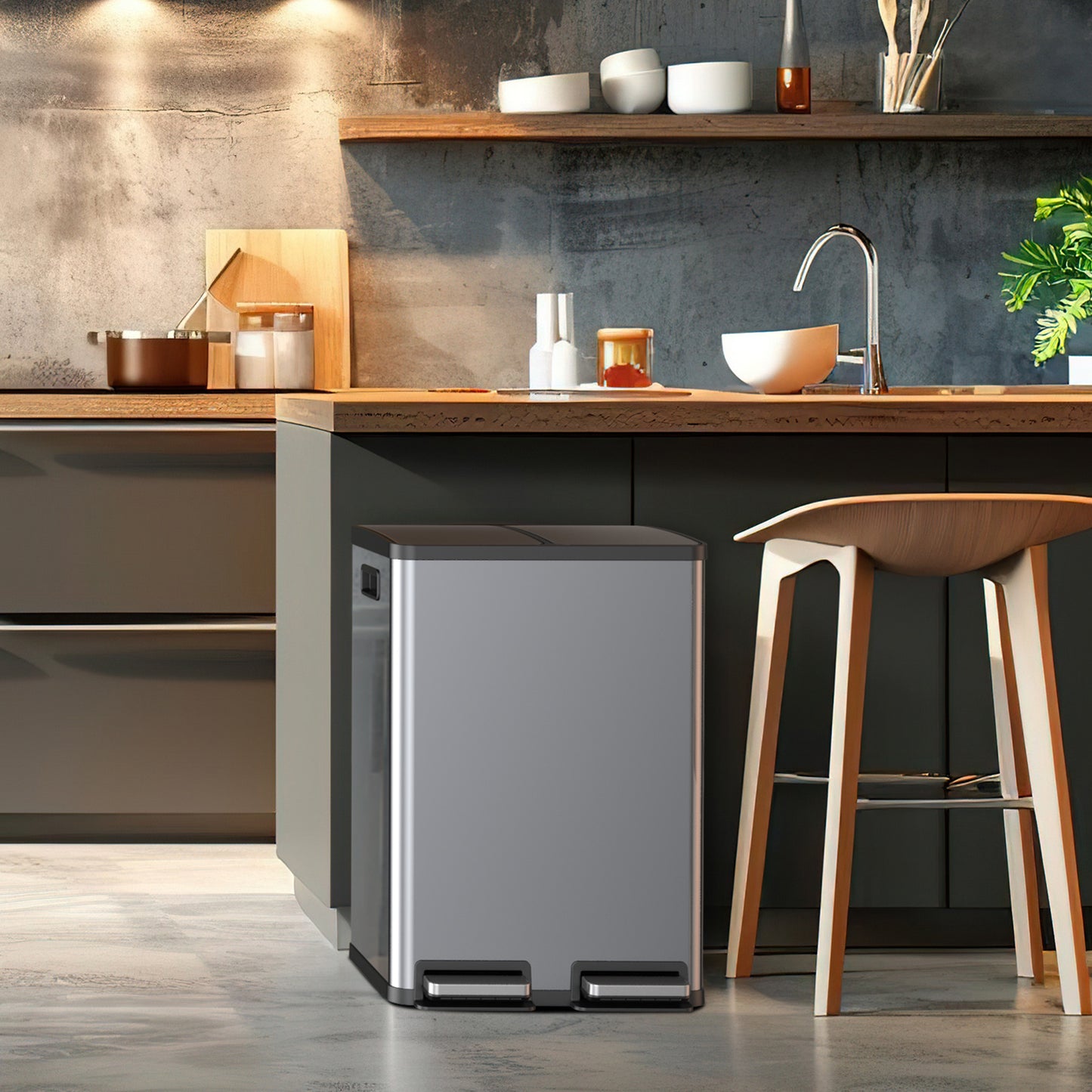 60L Trash Can with Lid, Silver Modern Kitchen Trash Can with Recycling Ladder