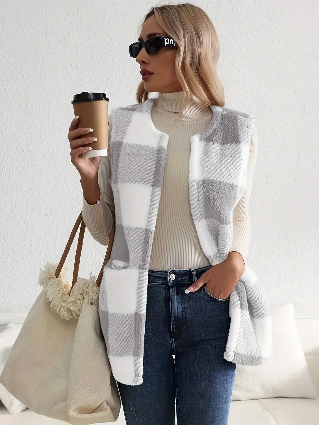Soft Plaid Cozy Vest - Sleeveless, Open Front Design for Fall and Winter .