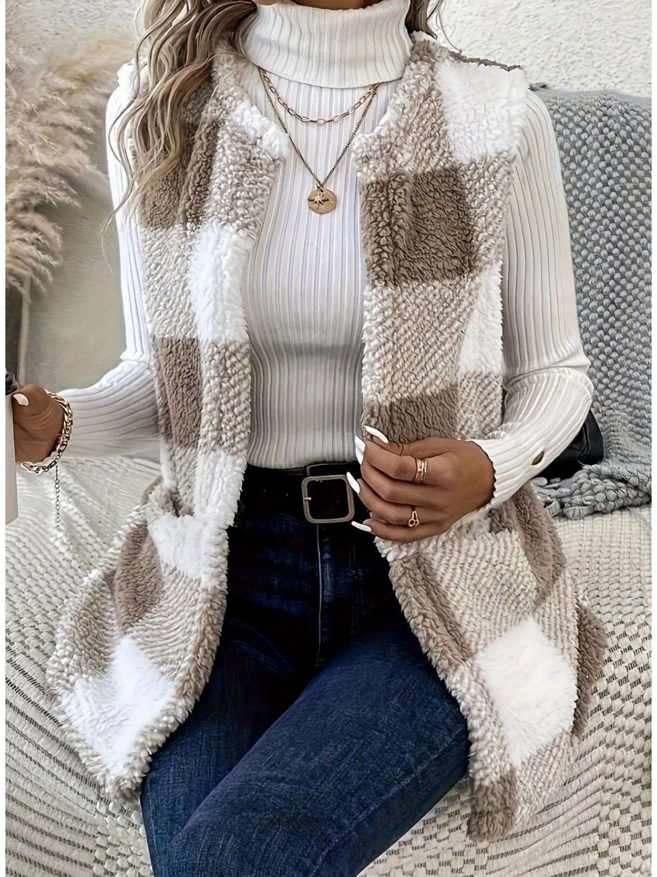 Soft Plaid Cozy Vest - Sleeveless, Open Front Design for Fall and Winter .