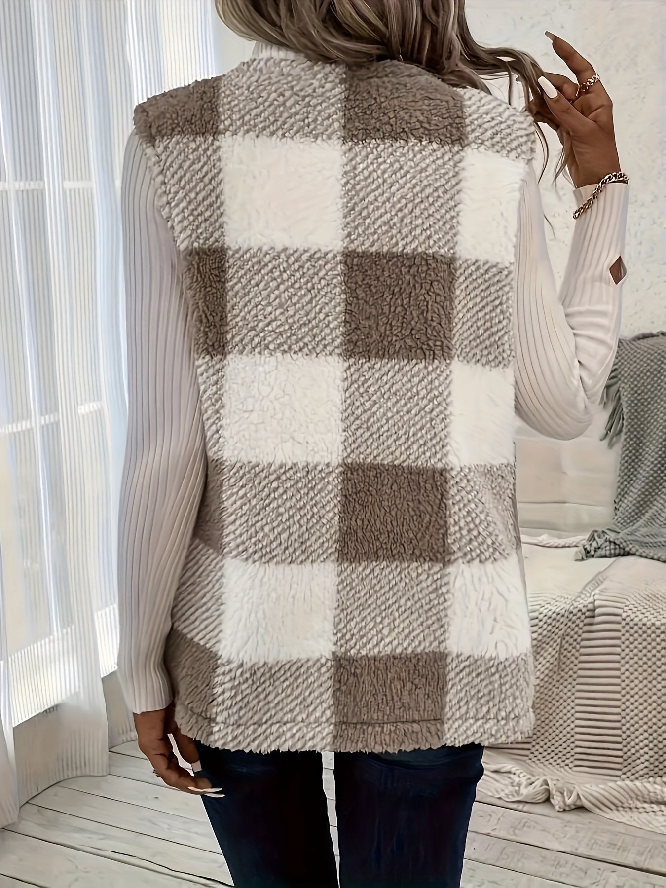 Soft Plaid Cozy Vest - Sleeveless, Open Front Design for Fall and Winter .