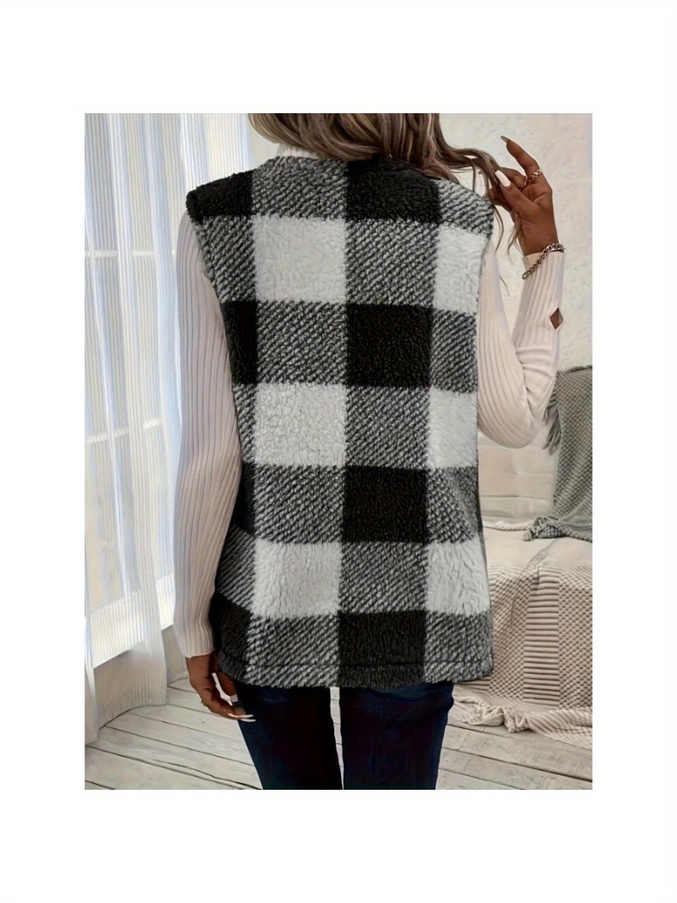 Soft Plaid Cozy Vest - Sleeveless, Open Front Design for Fall and Winter .