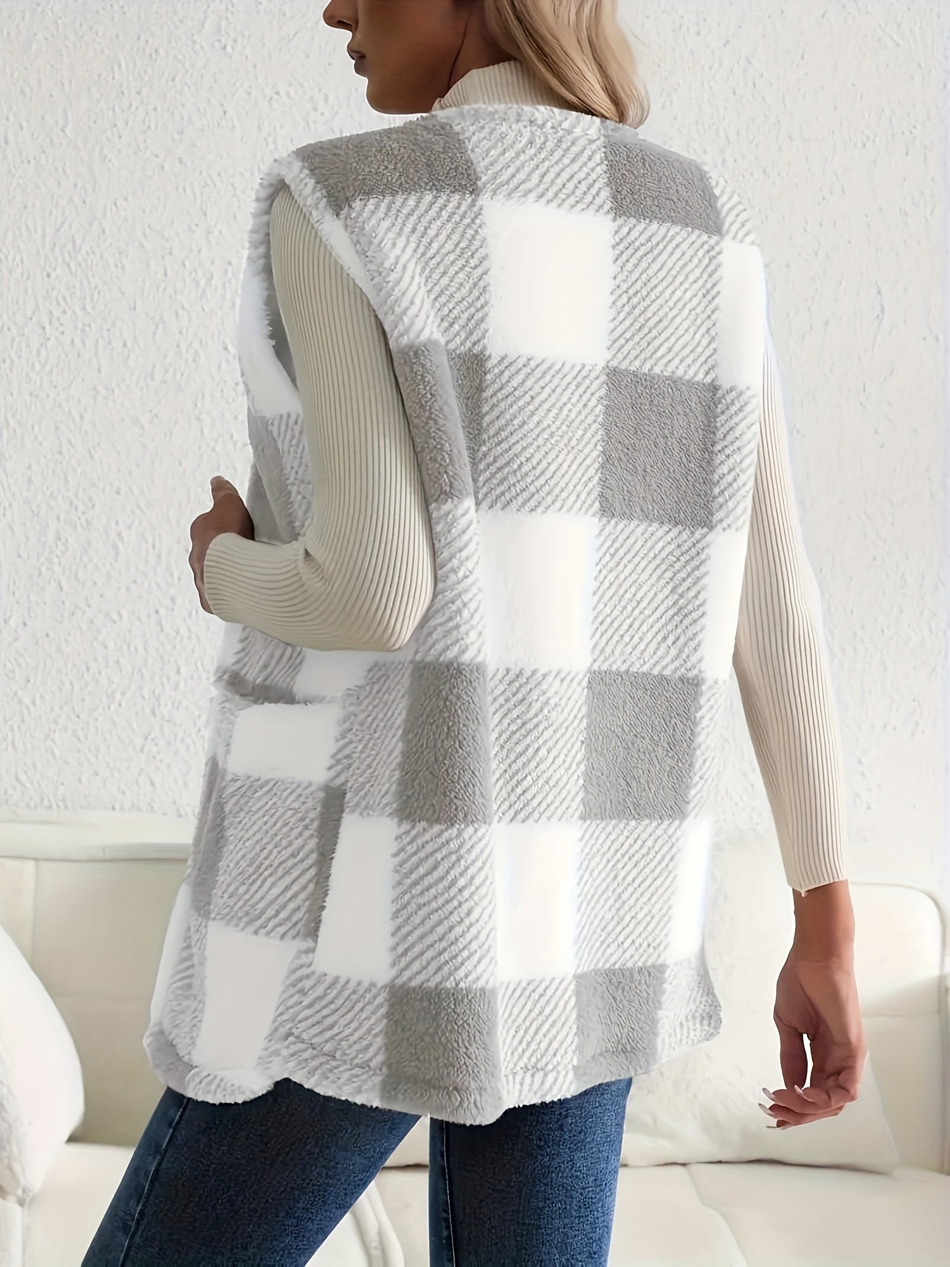 Soft Plaid Cozy Vest - Sleeveless, Open Front Design for Fall and Winter .