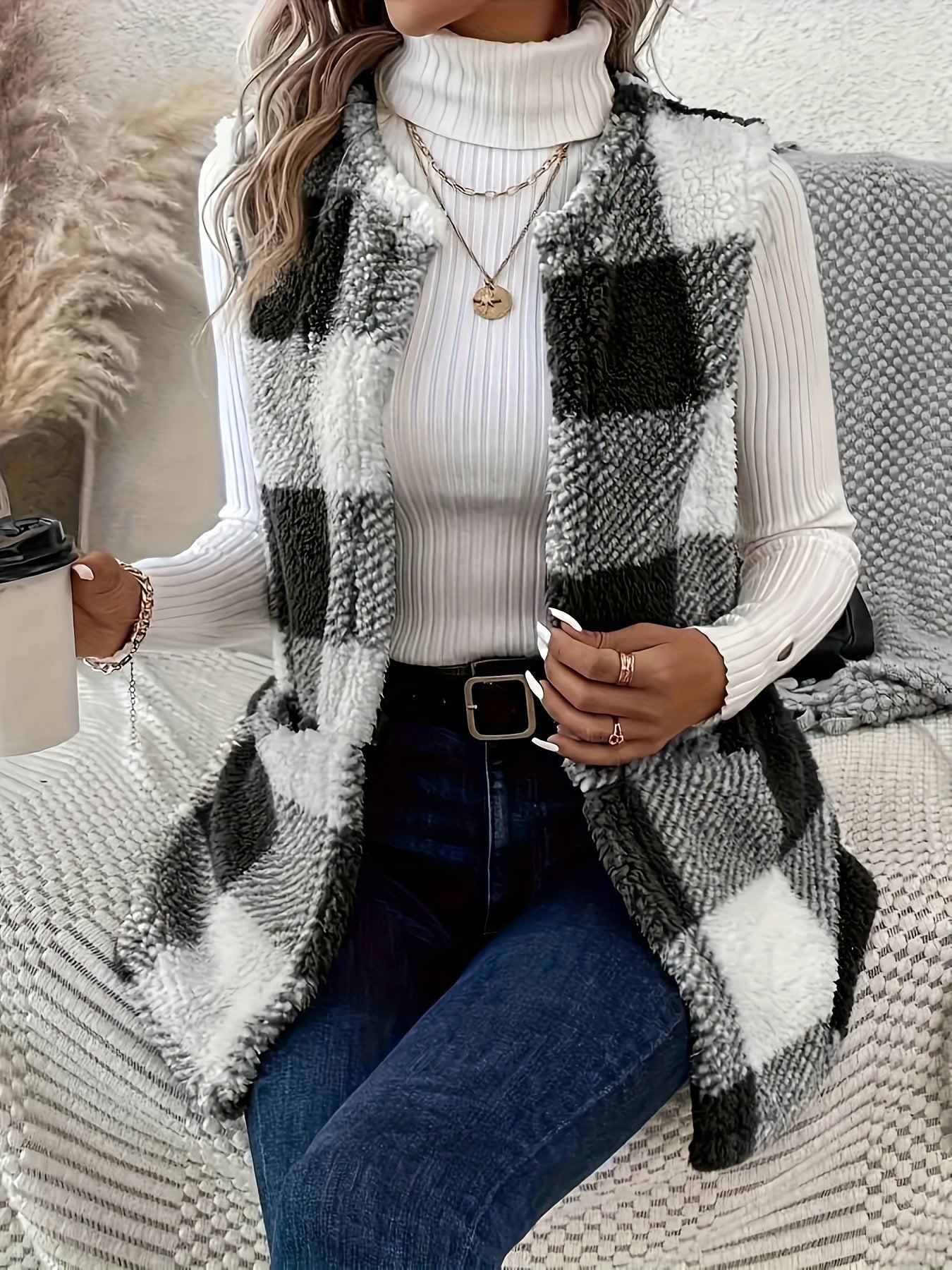 Soft Plaid Cozy Vest - Sleeveless, Open Front Design for Fall and Winter .