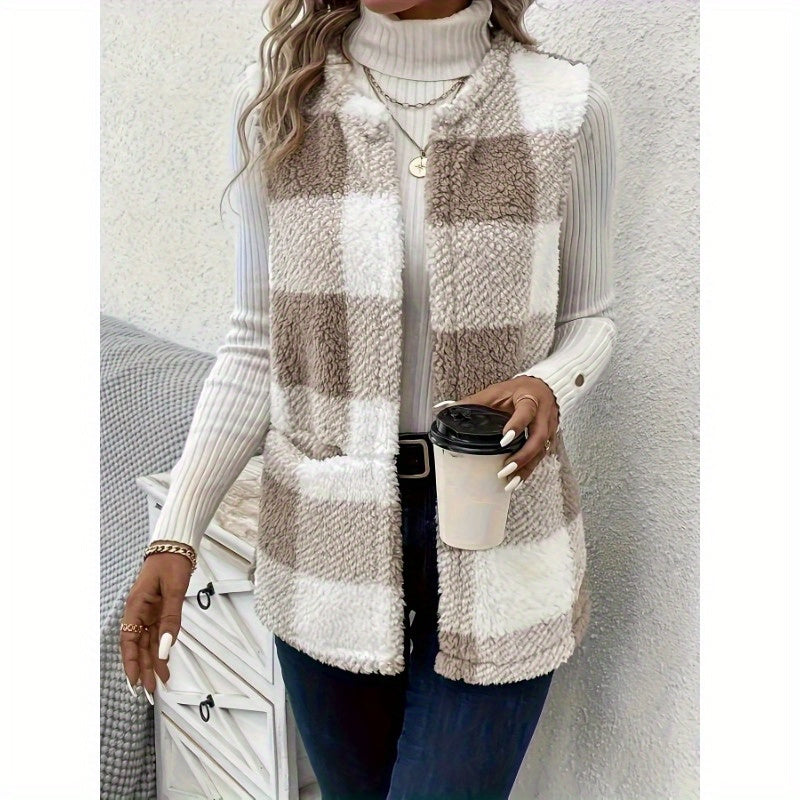 Soft Plaid Cozy Vest - Sleeveless, Open Front Design for Fall and Winter .