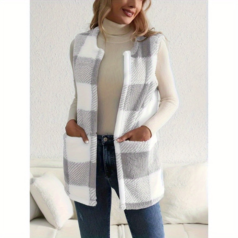 Soft Plaid Cozy Vest - Sleeveless, Open Front Design for Fall and Winter .