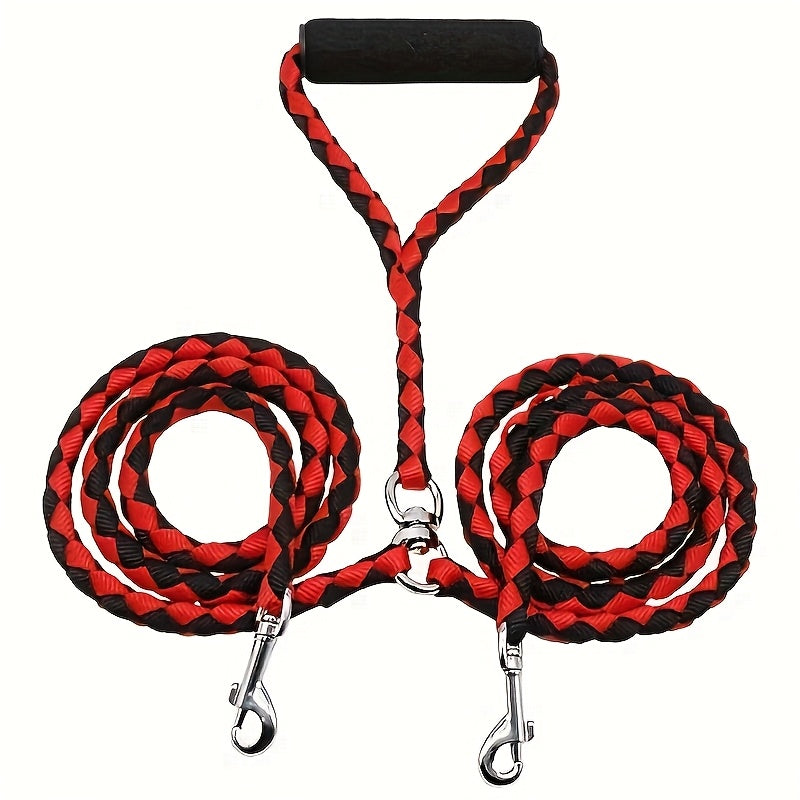 Heavy Duty Braided Double Dog Leash - Tangle-Free, Strong Nylon with Comfortable Handle for Walking .