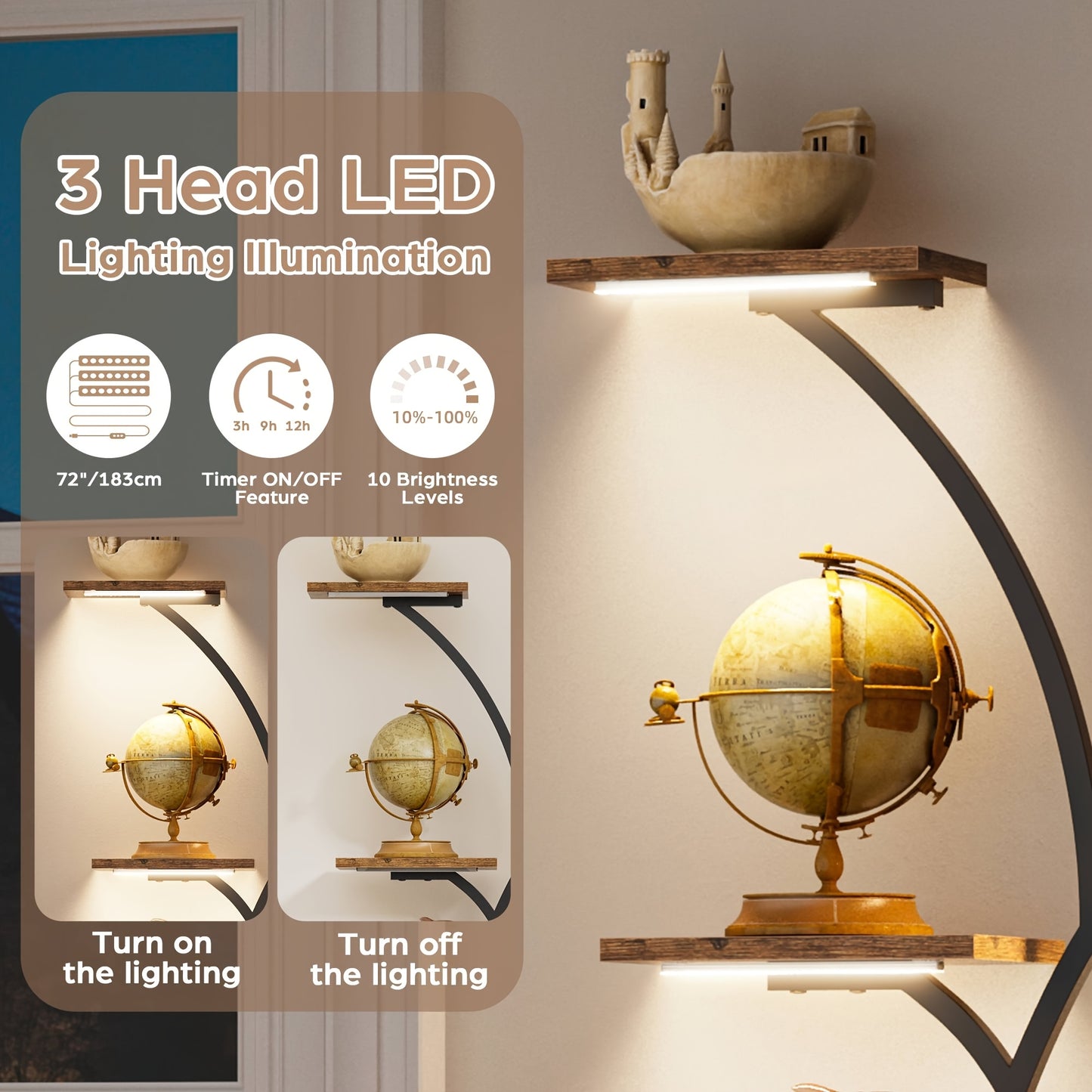 8 Tier Corner Shelf 6'2' tall oak and Metal Material LED Light, Multifunctional Storage Rack