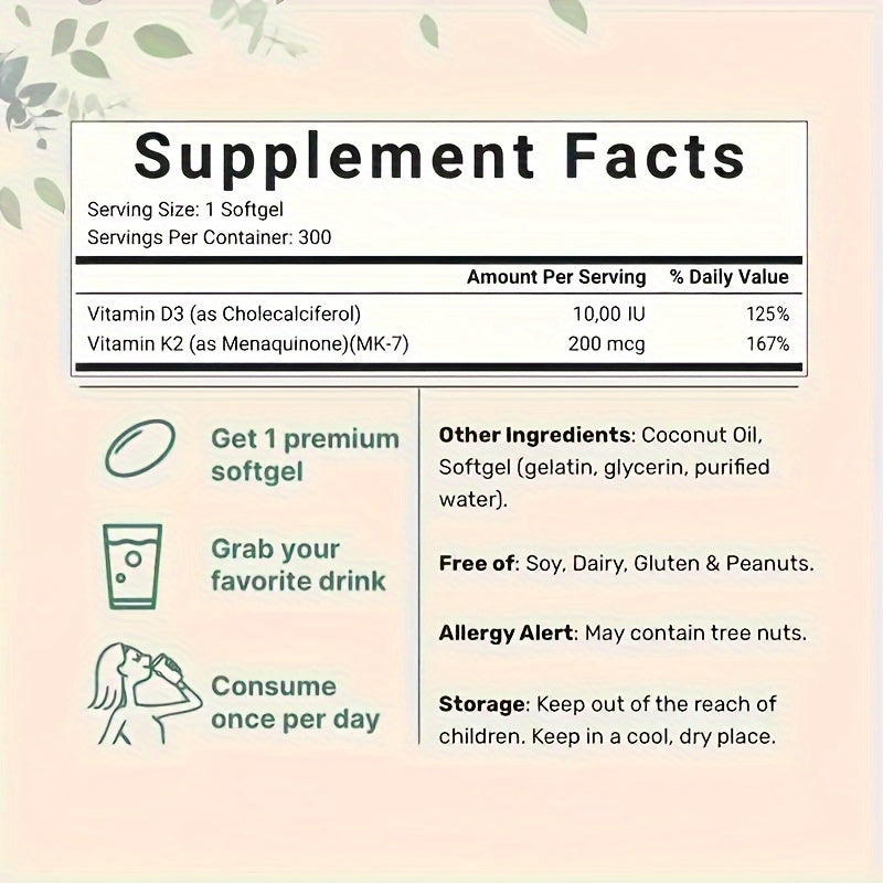 Vitamin D3 & K2 Supplement Soft Capsules, 300 Capsules, 1 Capsule Per Day