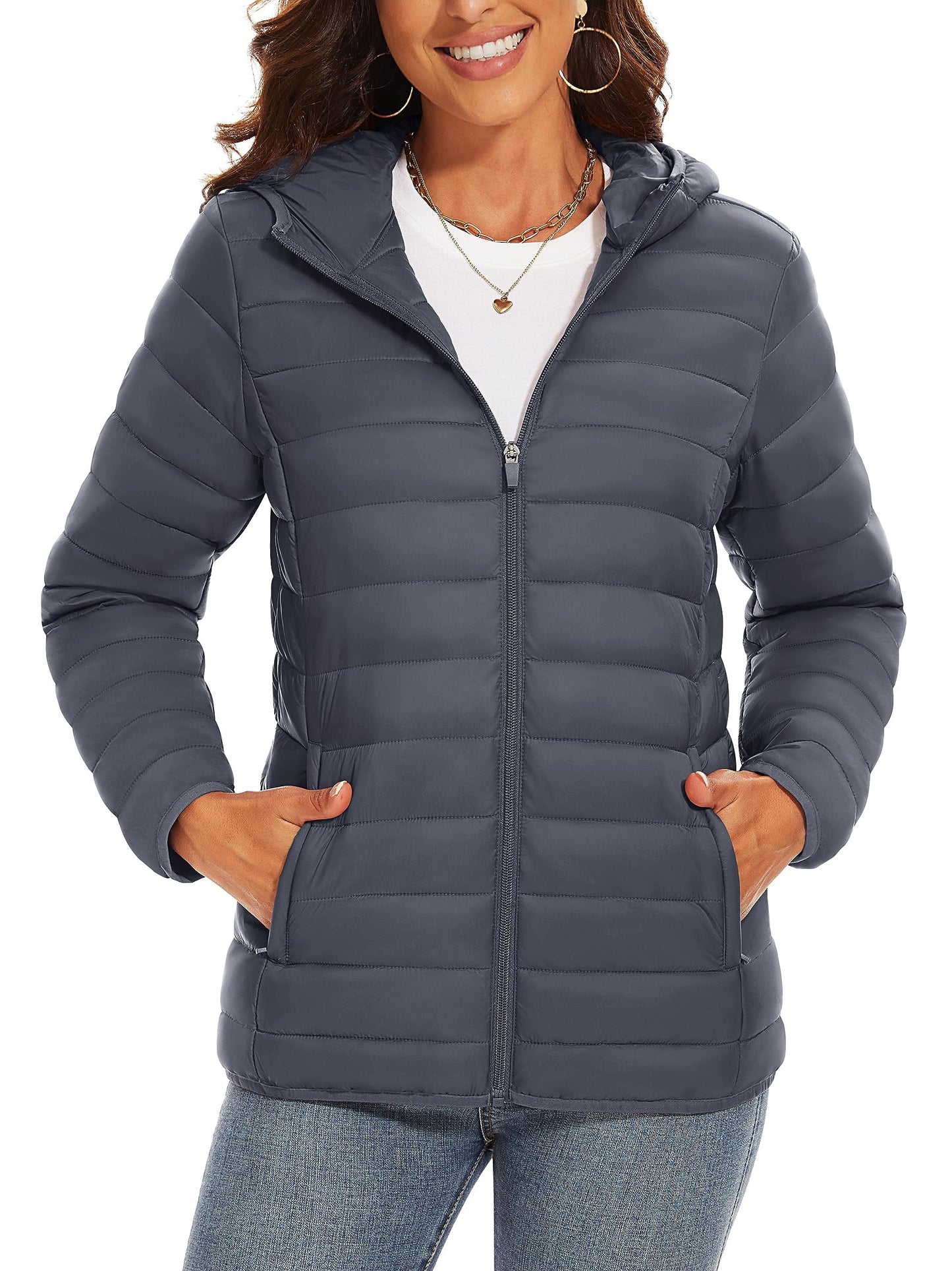 4 Pockets Water Resistant Women's Hooded Puffer Jackets