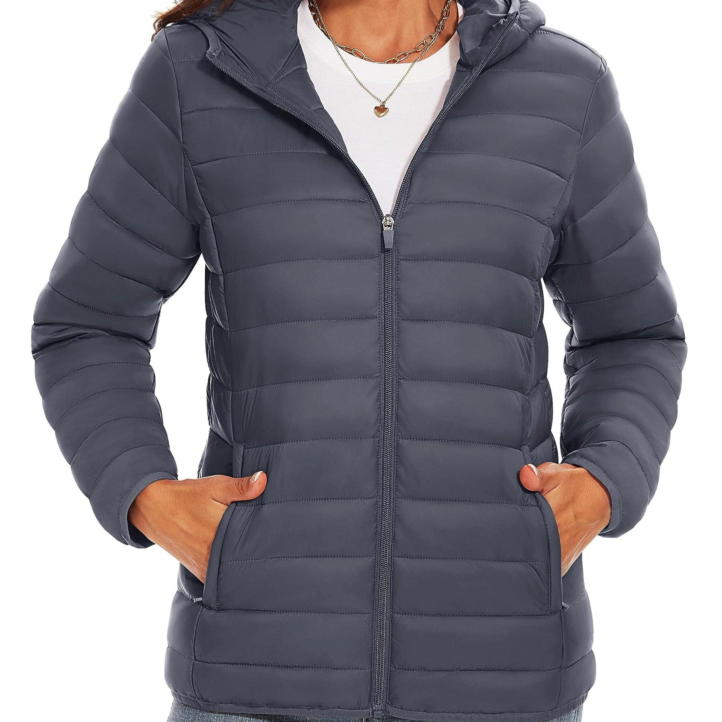 4 Pockets Water Resistant Women's Hooded Puffer Jackets