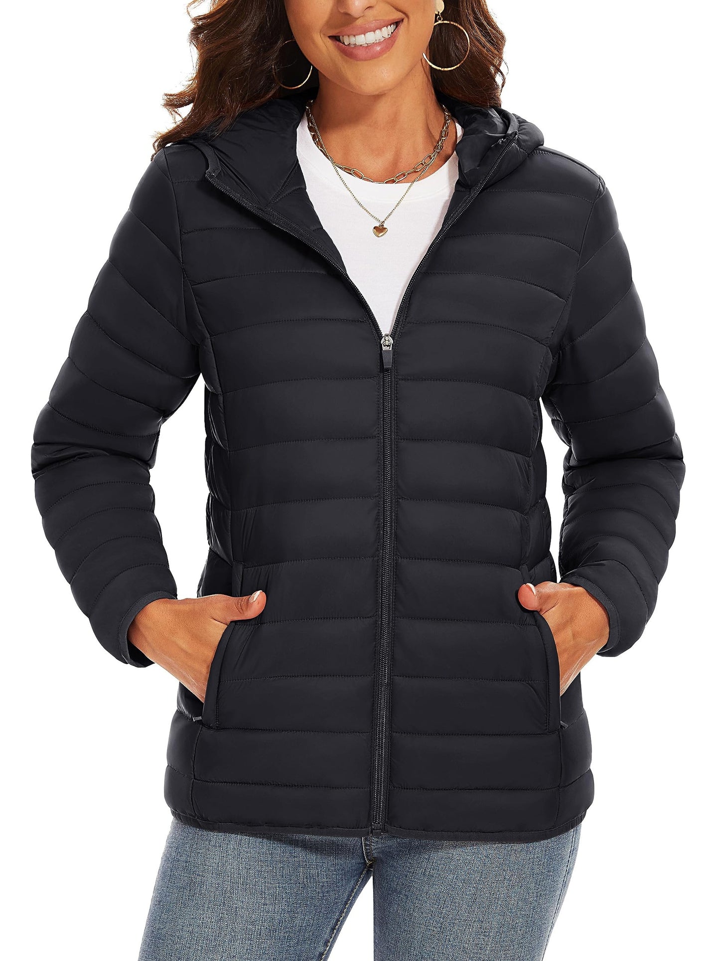 4 Pockets Water Resistant Women's Hooded Puffer Jackets