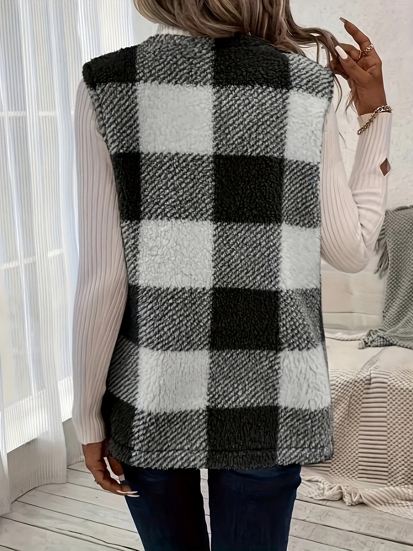 Soft Plaid Cozy Vest - Sleeveless, Open Front Design for Fall and Winter .