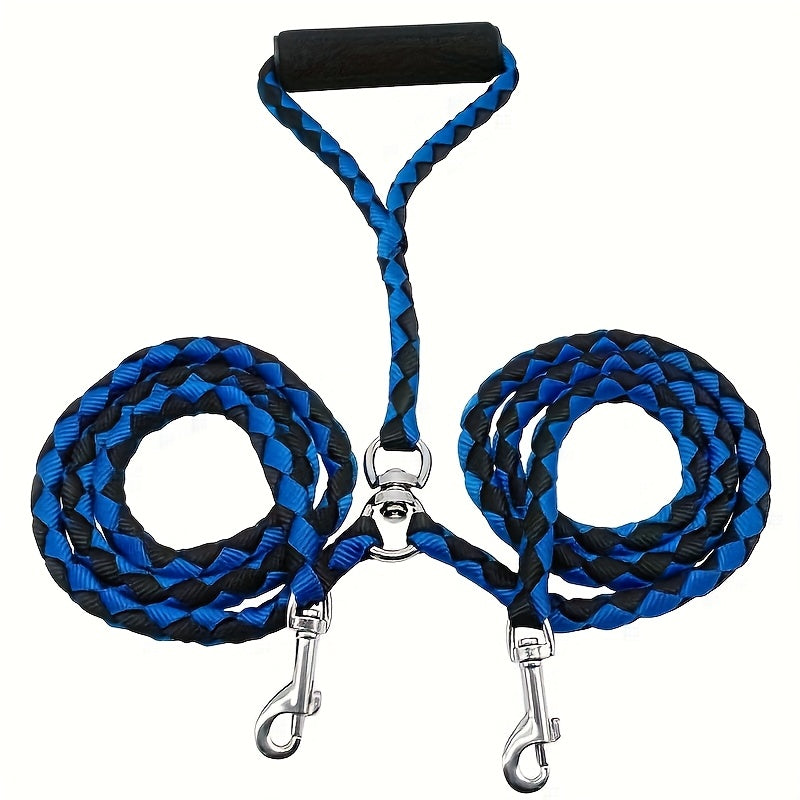 Heavy Duty Braided Double Dog Leash - Tangle-Free, Strong Nylon with Comfortable Handle for Walking .