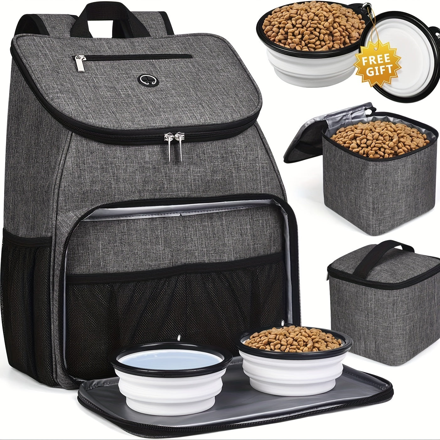 Pet Travel Bag, Double-Layer Backpack Pet With 2 Silicone Collapsible Bowls And 2 Food Baskets