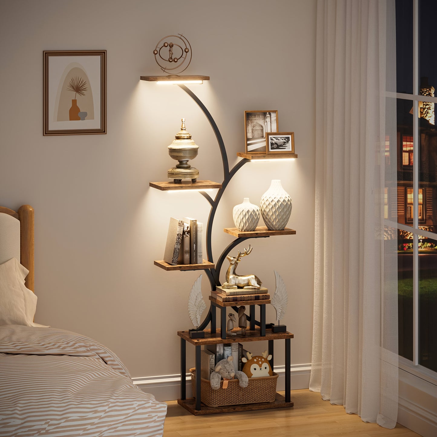 8 Tier Corner Shelf 6'2' tall oak and Metal Material LED Light, Multifunctional Storage Rack