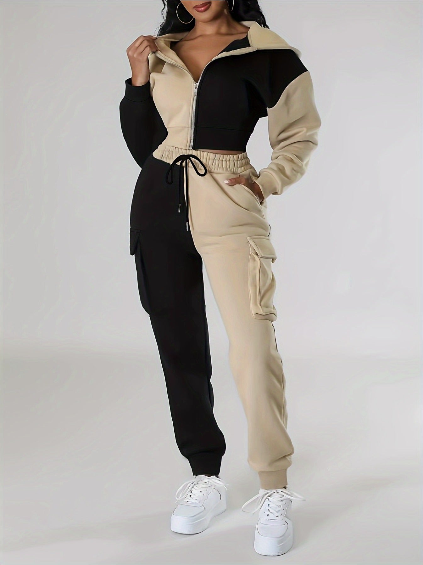 Women's Casual Knitwear Set - Color Block Hoodie & Drawstring Pants, Machine Washable