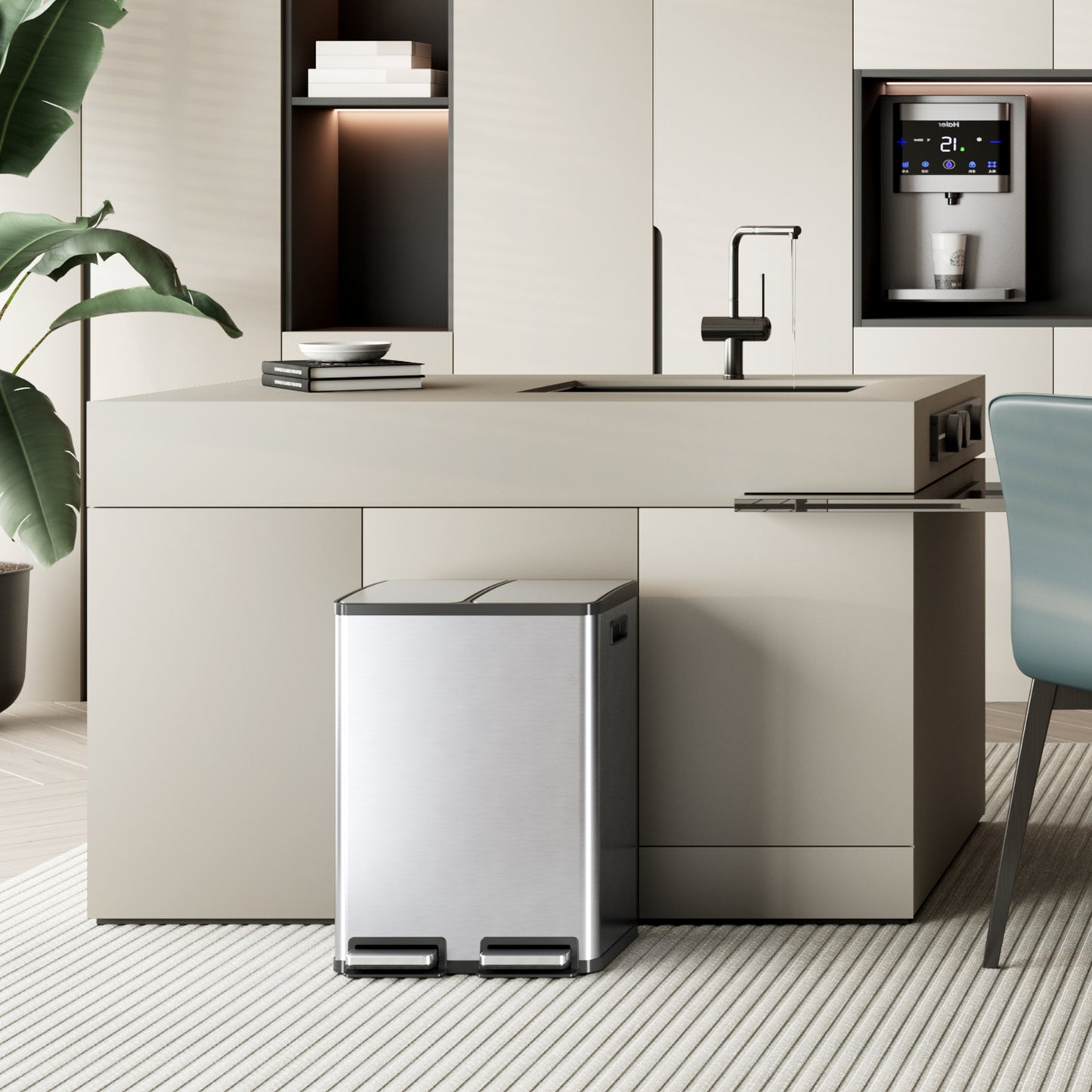 60L Trash Can with Lid, Silver Modern Kitchen Trash Can with Recycling Ladder
