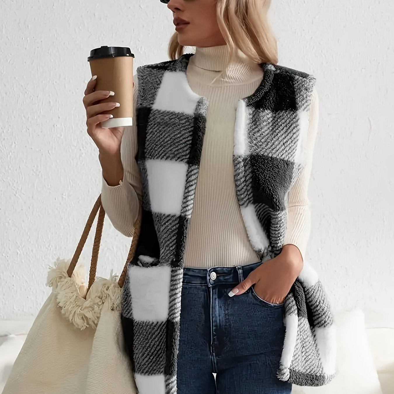 Soft Plaid Cozy Vest - Sleeveless, Open Front Design for Fall and Winter .