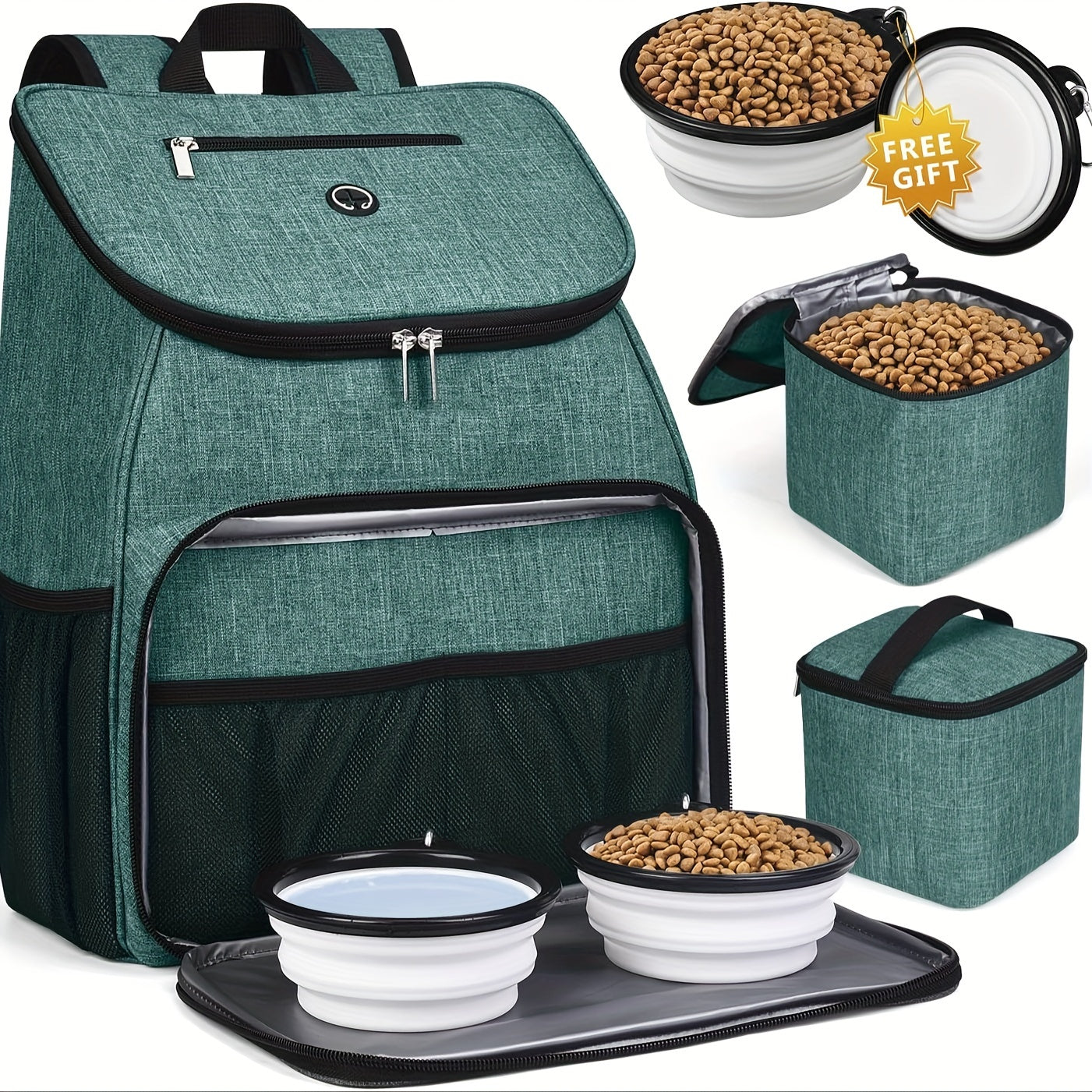 Pet Travel Bag, Double-Layer Backpack Pet With 2 Silicone Collapsible Bowls And 2 Food Baskets