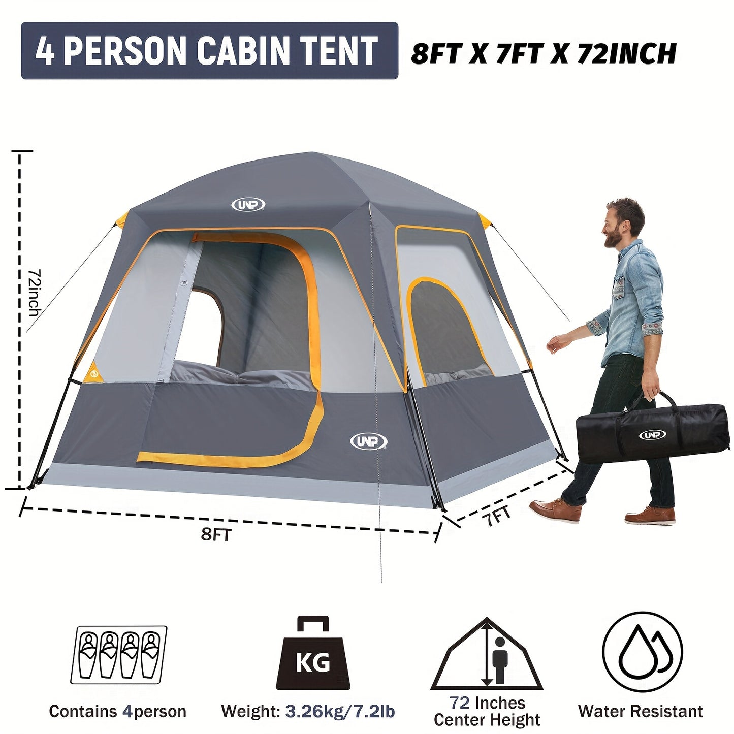 [4-Person Waterproof Camping Tent Easy Set Up, with Top Rainfly