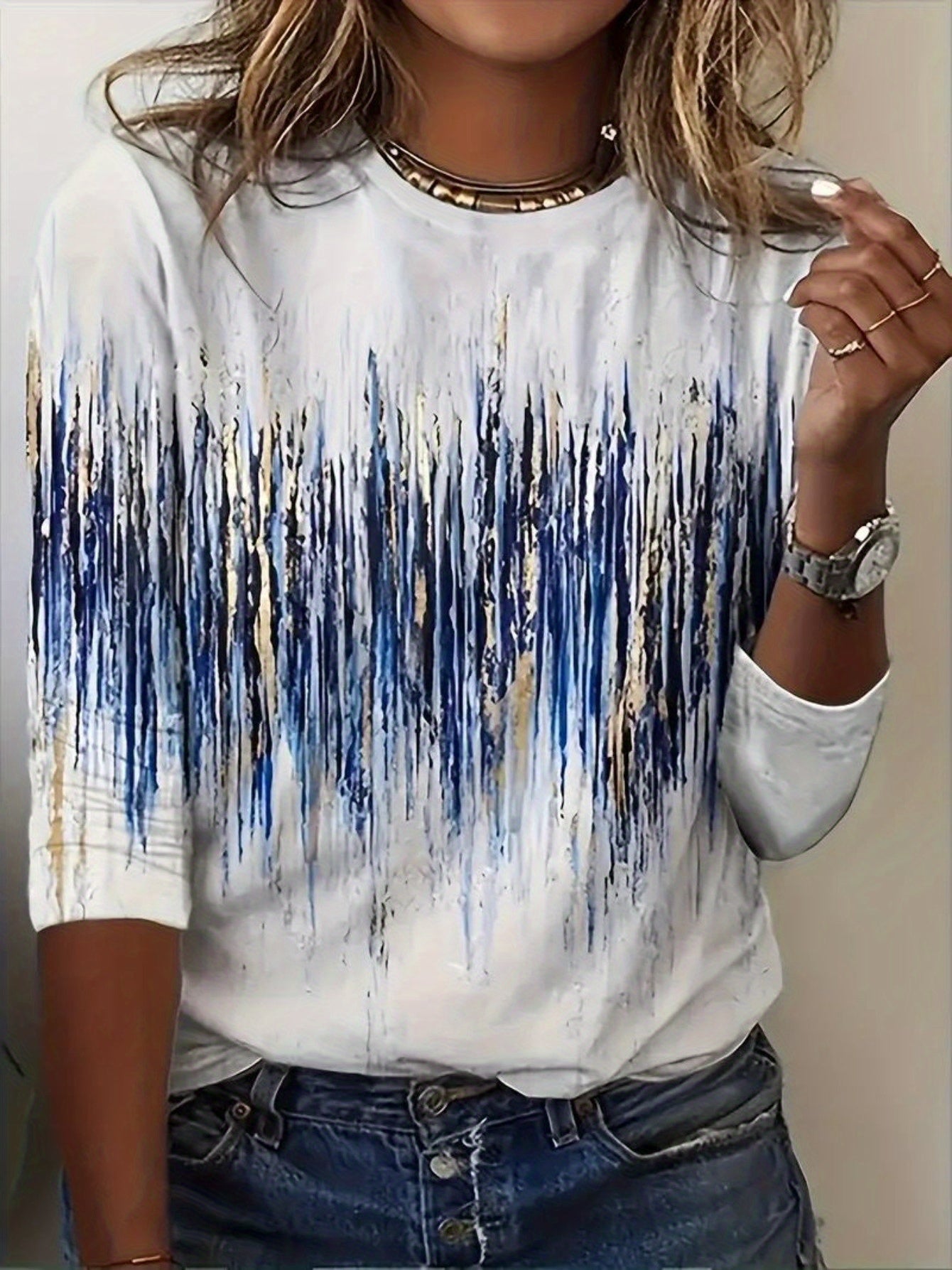 Women's Blue And Gold Abstract Print Long Sleeve Casual T-Shirt .