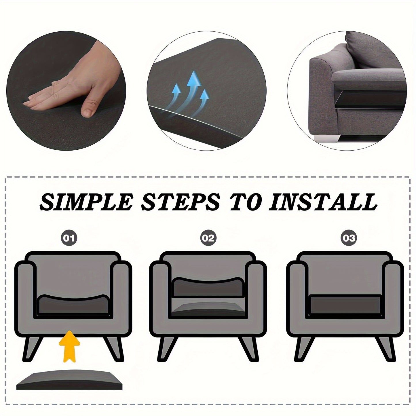 3Pcs Balck Couch Cushions Support For Sagging Seat 20"X 20"Insert Pads