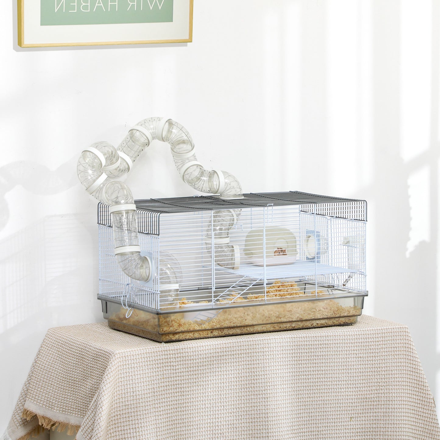 Hamster Cage, 2 Levels Gerbil Cage, Small Animal Cage with Tubes and Tunnels and Exercise Wheel.