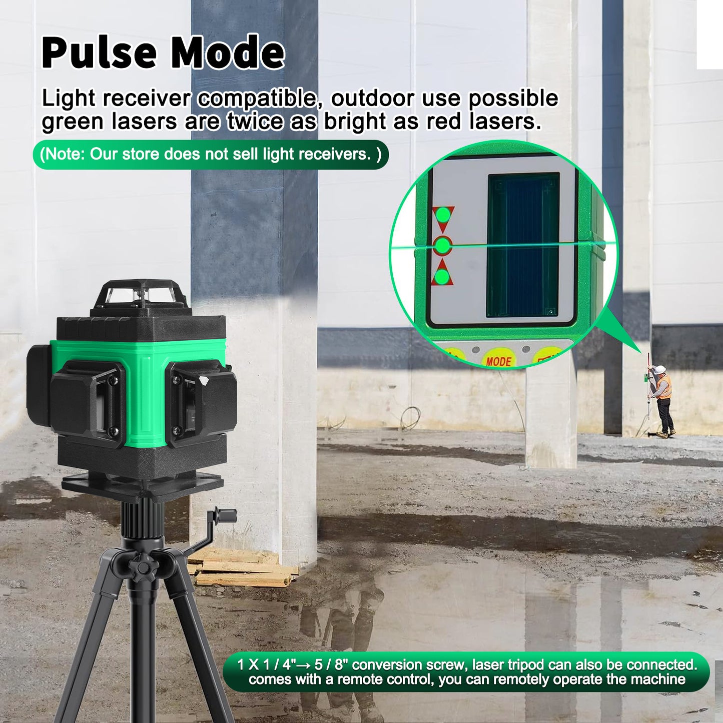 4D Green Laser Level with Self-Leveling, 360° Rotary Cross Lines, Dual Batteries, Remote Control