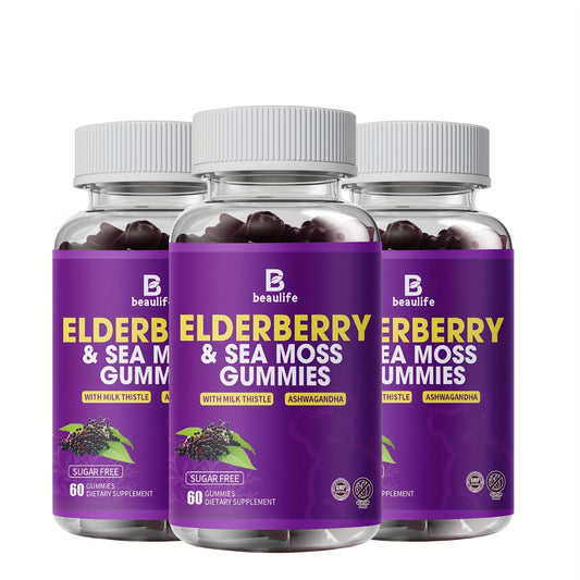 3 Bottle Elderberry & Sea Moss Gummies, Black Sambucus Elderberry with Zinc And Vitamin C, D3, Milk Thistle, Ashwagandha, Elderberry Gummy