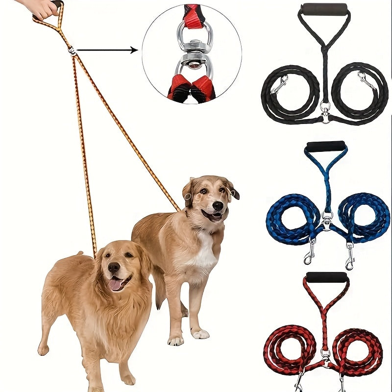 Heavy Duty Braided Double Dog Leash - Tangle-Free, Strong Nylon with Comfortable Handle for Walking .