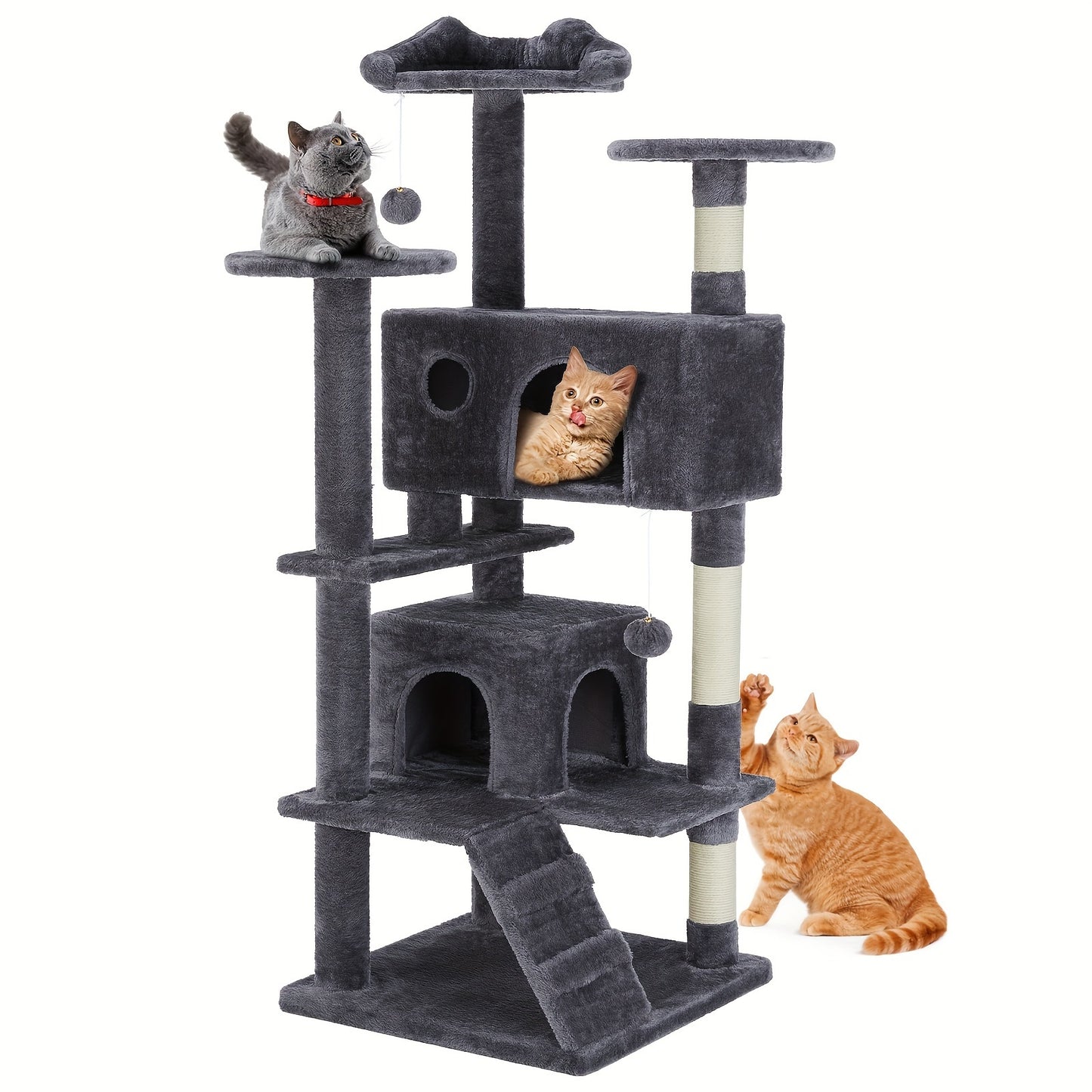54in Cat Tree Tower, Multi-Level Plush Pet Furniture Large Condo, Climbing Ladder, Rest with Anti-tilt Device