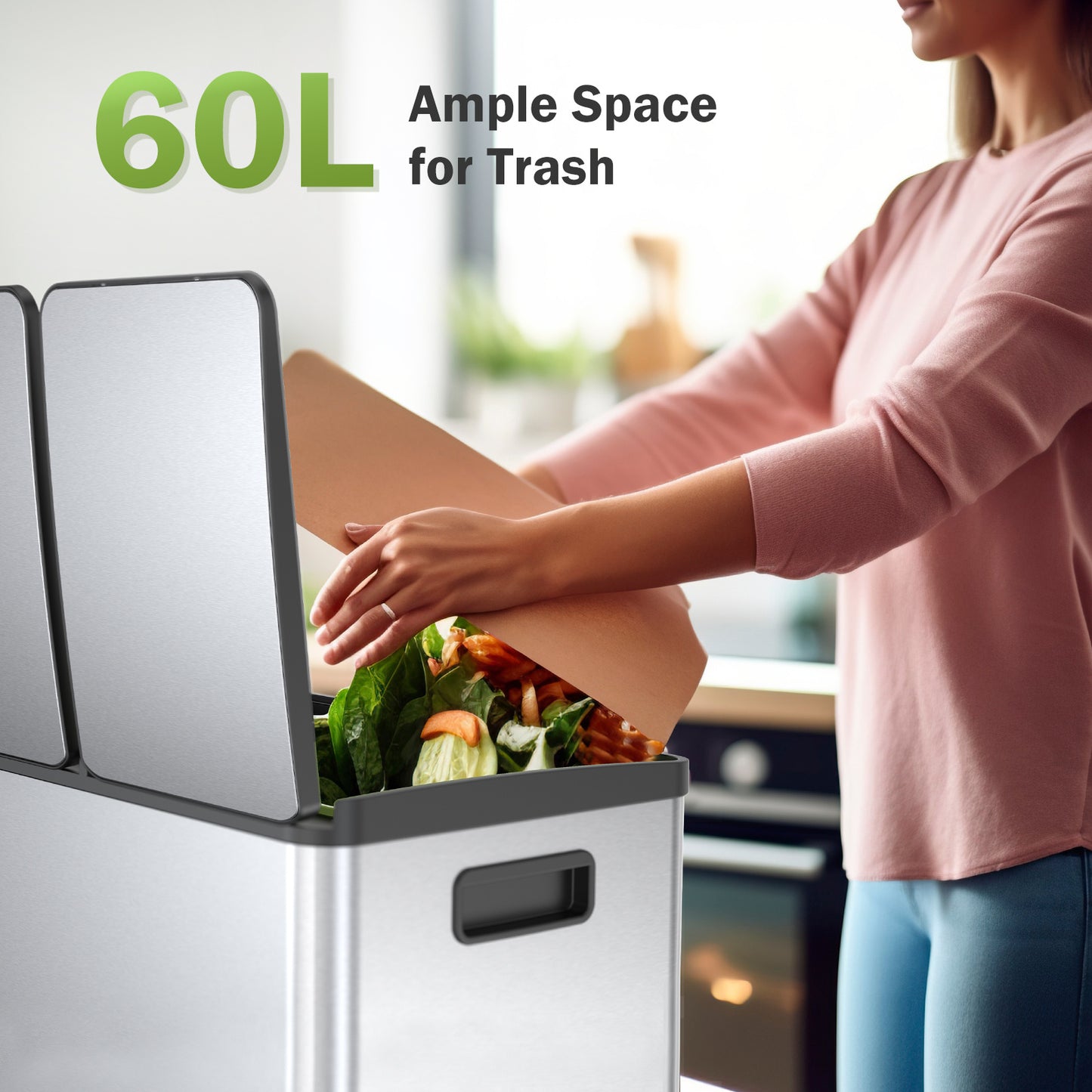 60L Trash Can with Lid, Silver Modern Kitchen Trash Can with Recycling Ladder