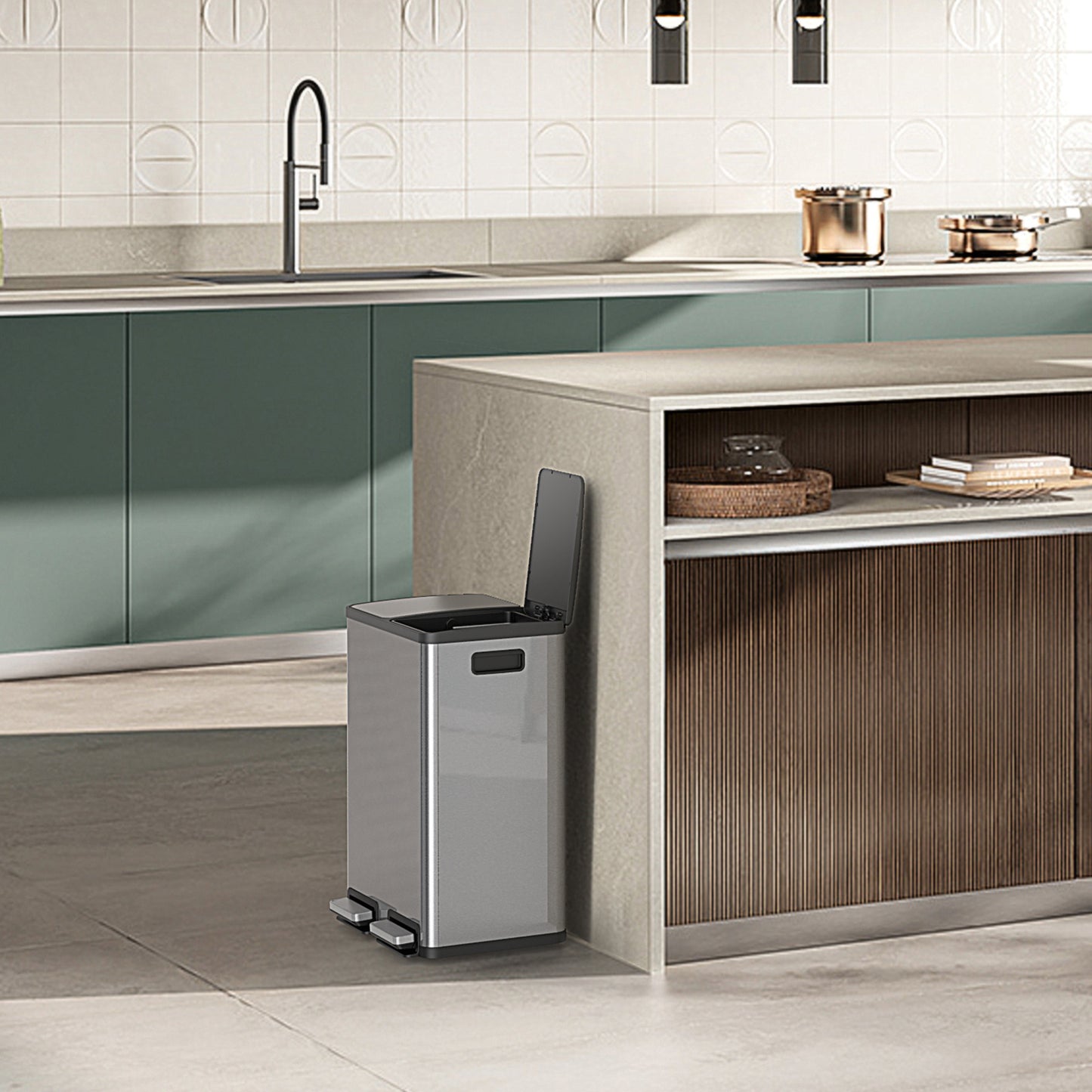 60L Trash Can with Lid, Silver Modern Kitchen Trash Can with Recycling Ladder