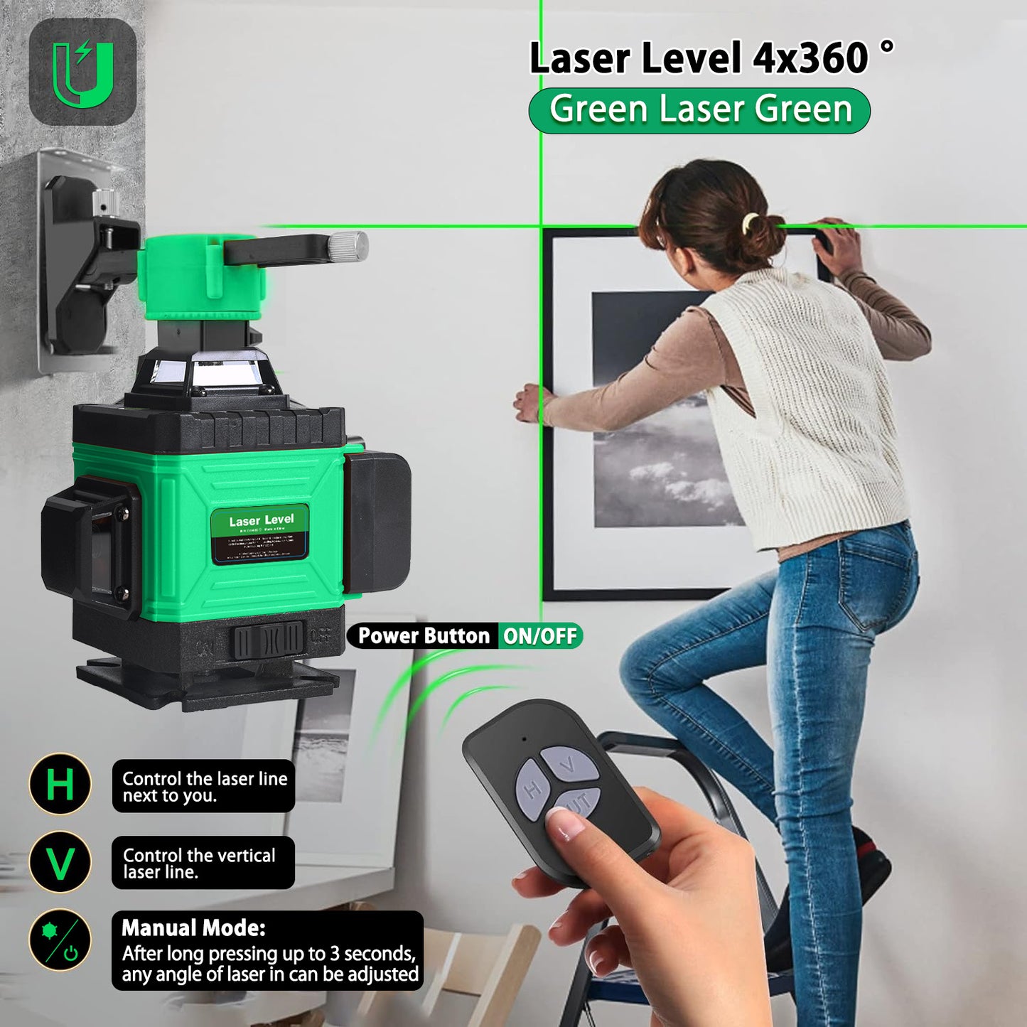 4D Green Laser Level with Self-Leveling, 360° Rotary Cross Lines, Dual Batteries, Remote Control