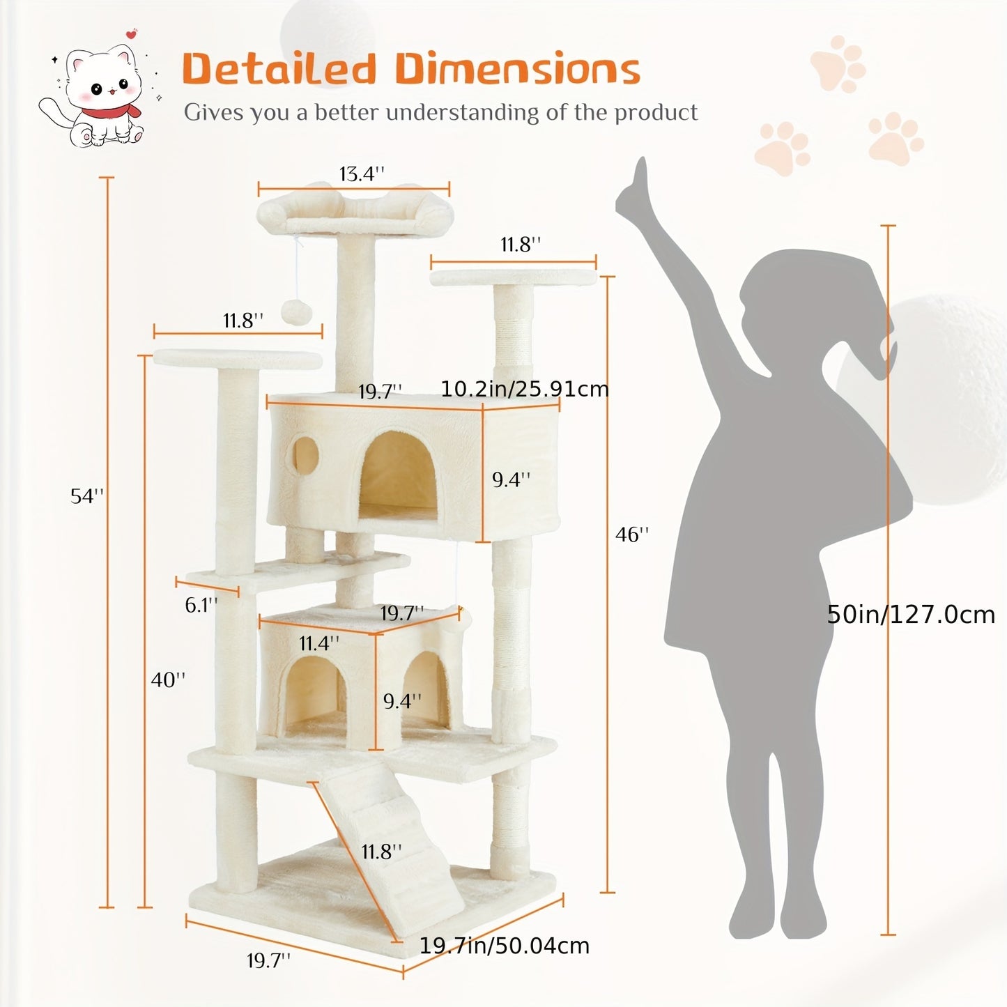 54in Cat Tree Tower, Multi-Level Plush Pet Furniture Large Condo, Climbing Ladder, Rest with Anti-tilt Device