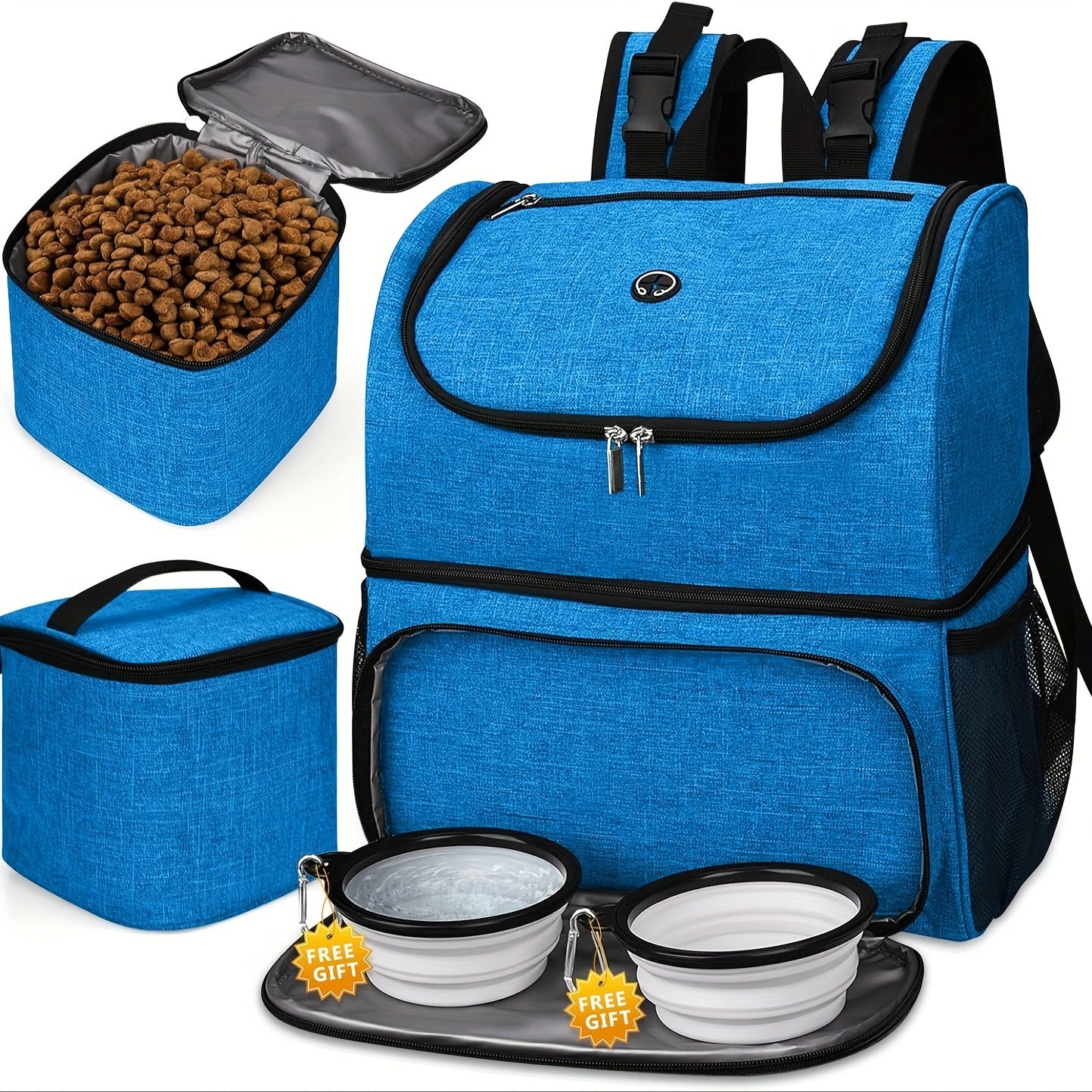 Pet Travel Bag, Double-Layer Backpack Pet With 2 Silicone Collapsible Bowls And 2 Food Baskets