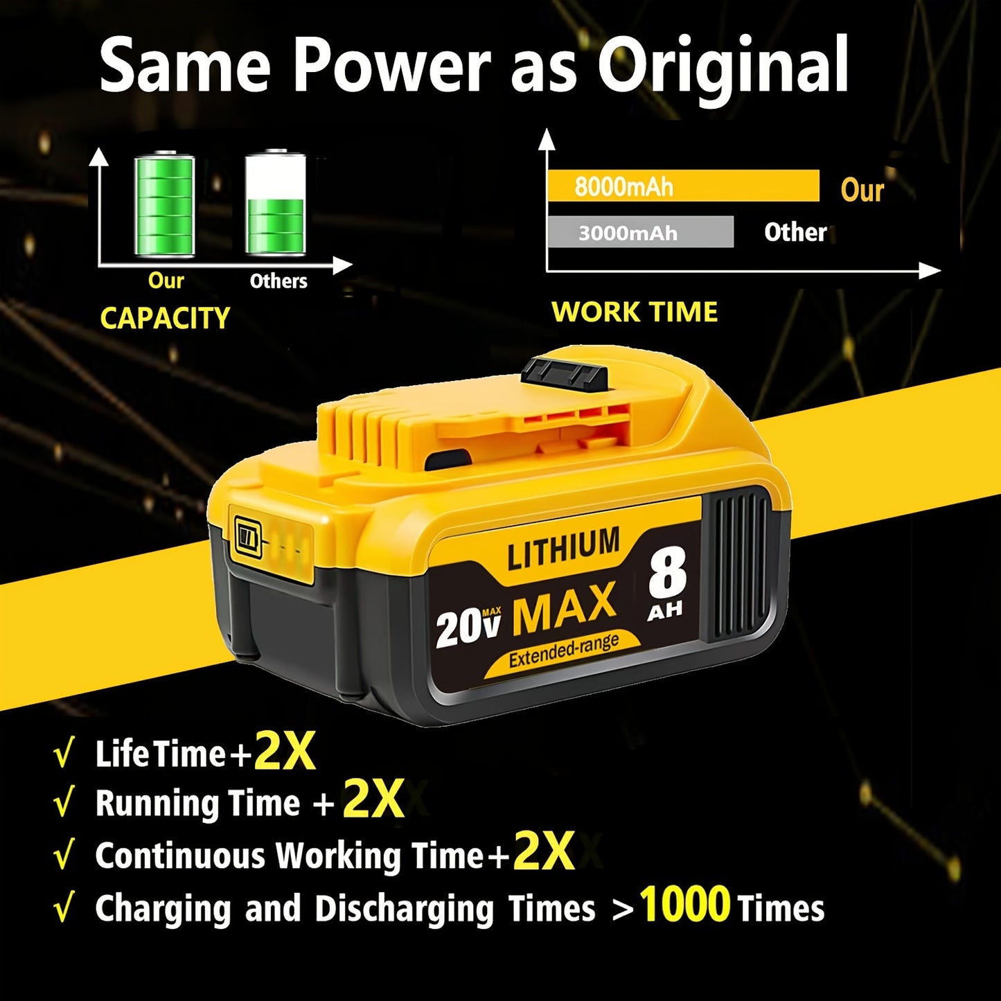 1/2/4pcs 8.0Ah 20V Lithium Ion Battery Replacement For Dewalt 20v Battery Compatible With Dewalt 20V Battery DCB206 DCB204 DCB200 DCB180 Series