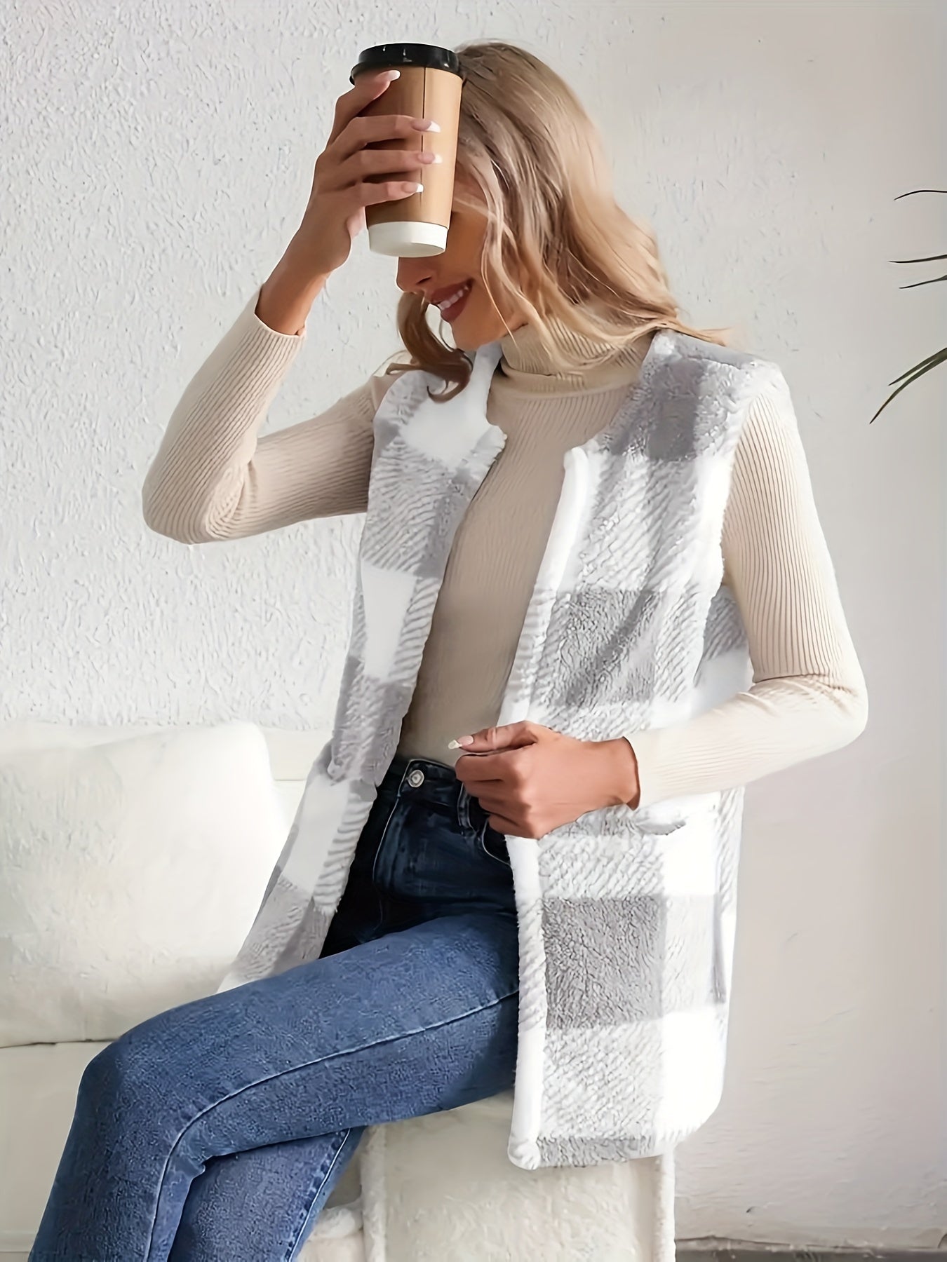 Soft Plaid Cozy Vest - Sleeveless, Open Front Design for Fall and Winter .