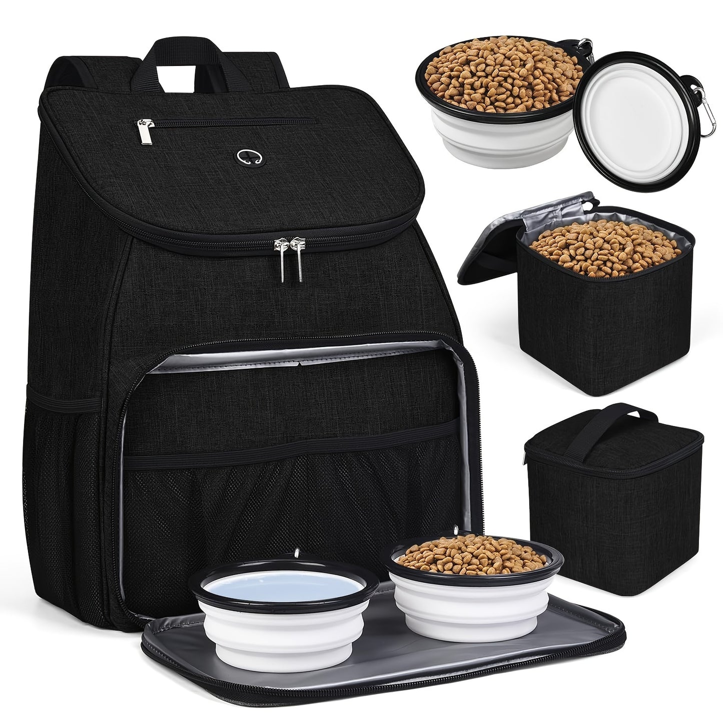 Pet Travel Bag, Double-Layer Backpack Pet With 2 Silicone Collapsible Bowls And 2 Food Baskets
