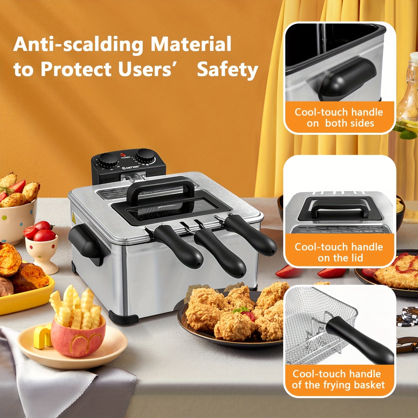 Stainless Steel Electric Deep Fryer - 5.3QT/21-Cup Triple Basket
