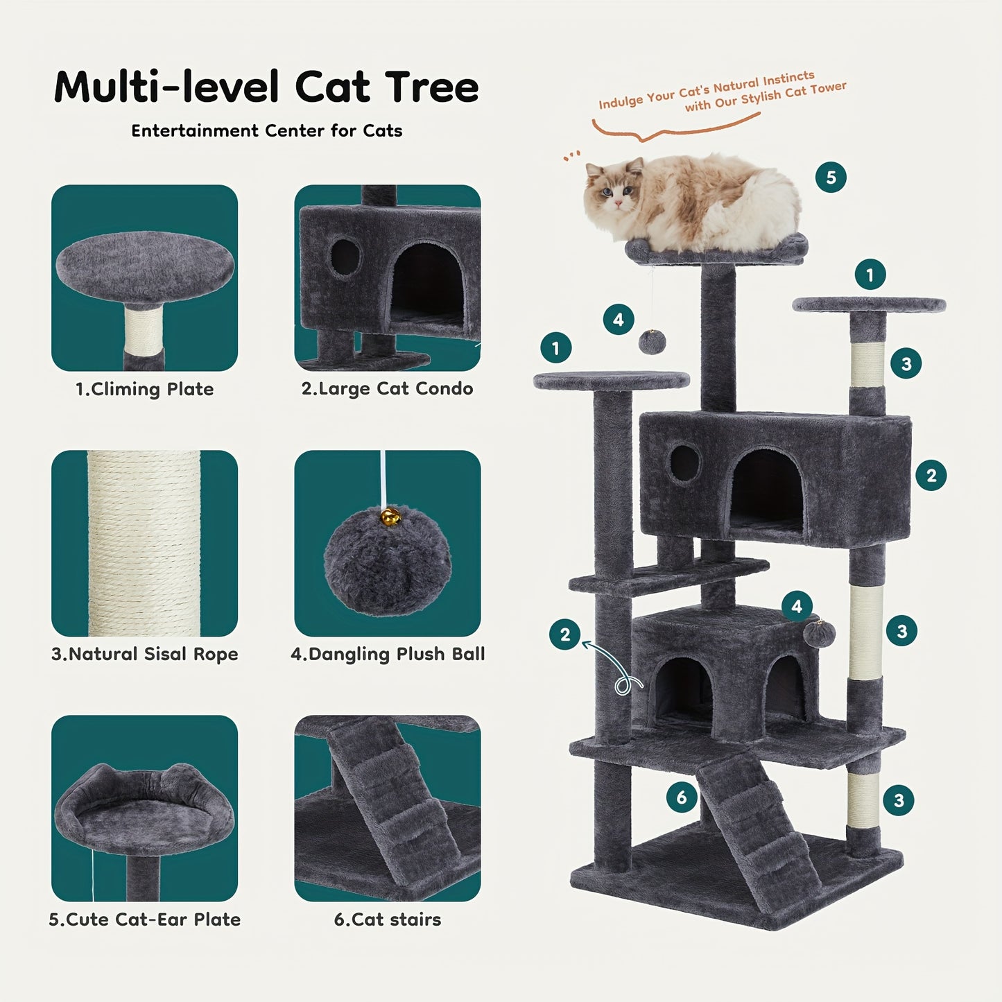 54in Tall Multi-Level Cat Tree Tower for Cats, Kitty Play House with Sisal Scratching Post.