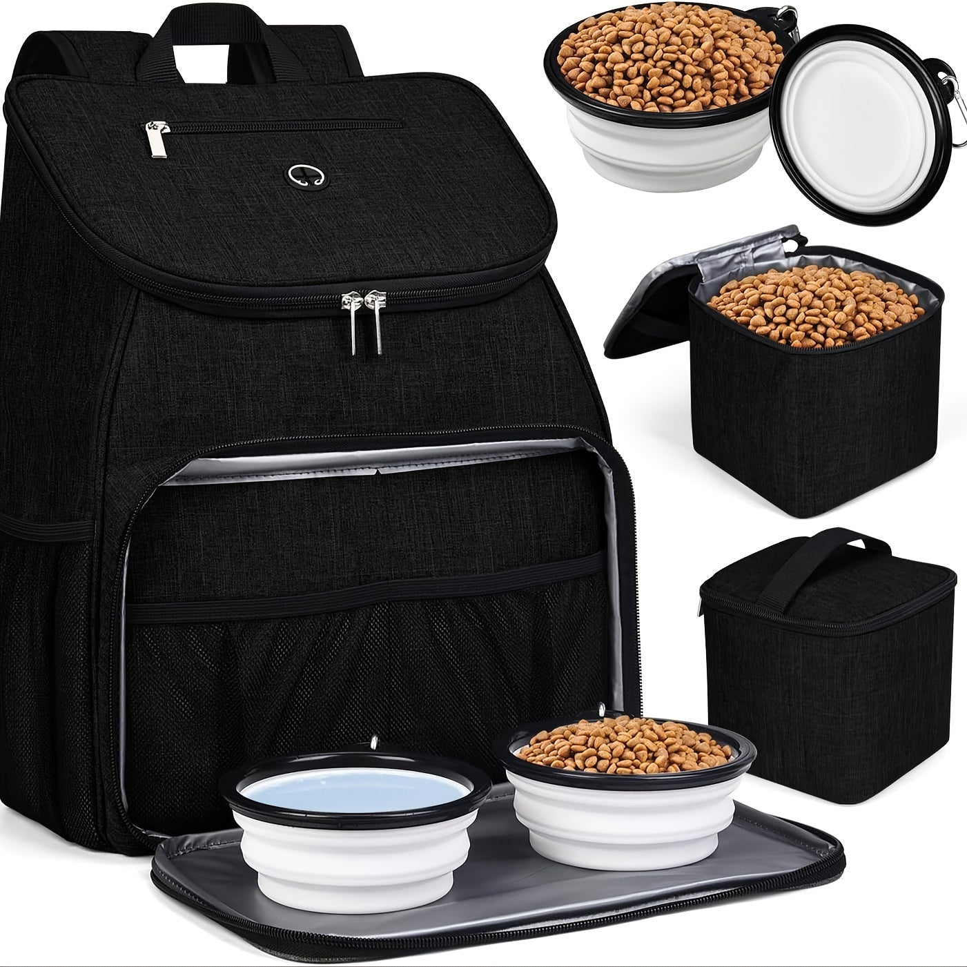 Pet Travel Bag, Double-Layer Backpack Pet With 2 Silicone Collapsible Bowls And 2 Food Baskets