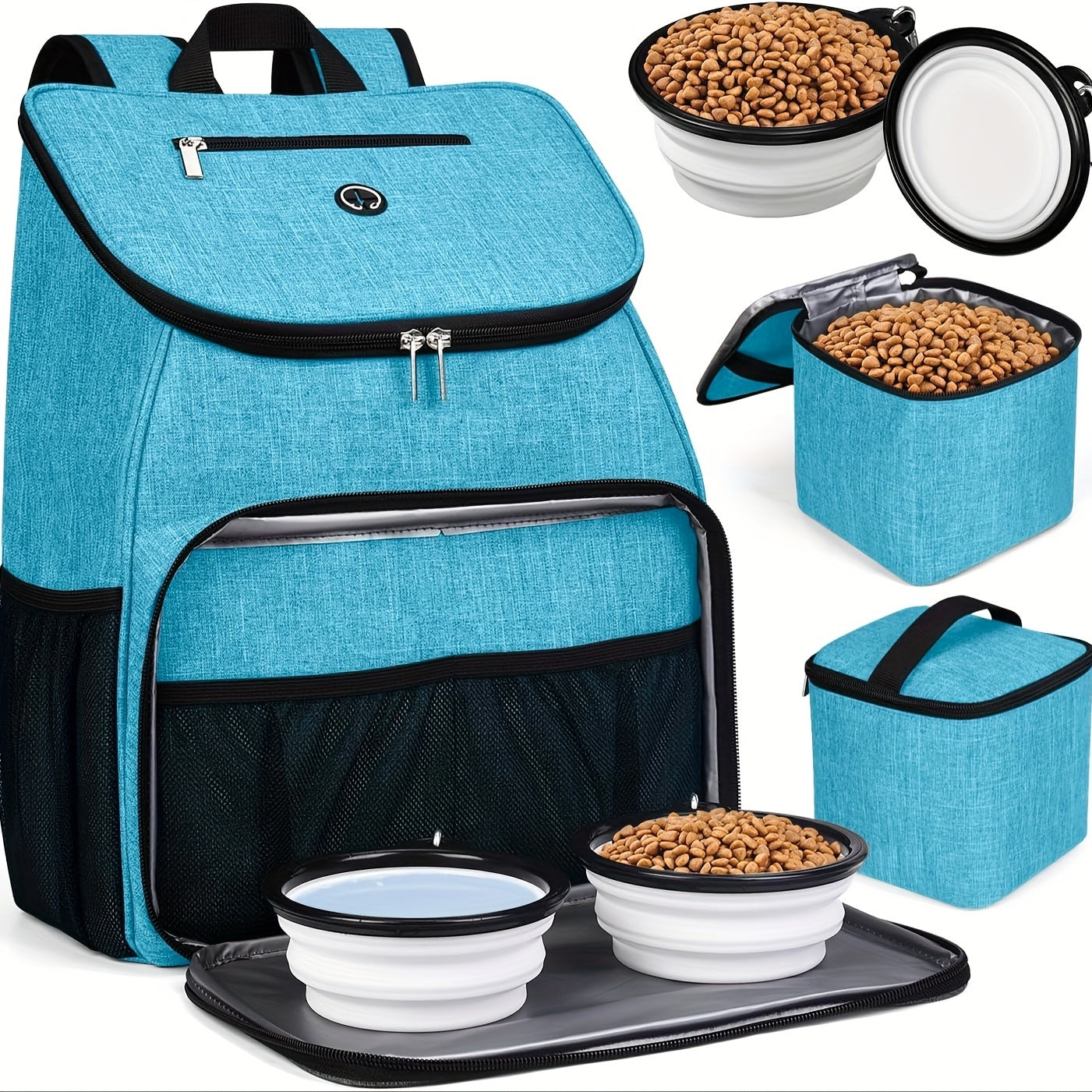 Pet Travel Bag, Double-Layer Backpack Pet With 2 Silicone Collapsible Bowls And 2 Food Baskets